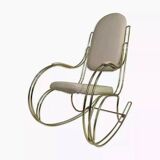 Rocking chair années 60 en laiton et simili cuir écru