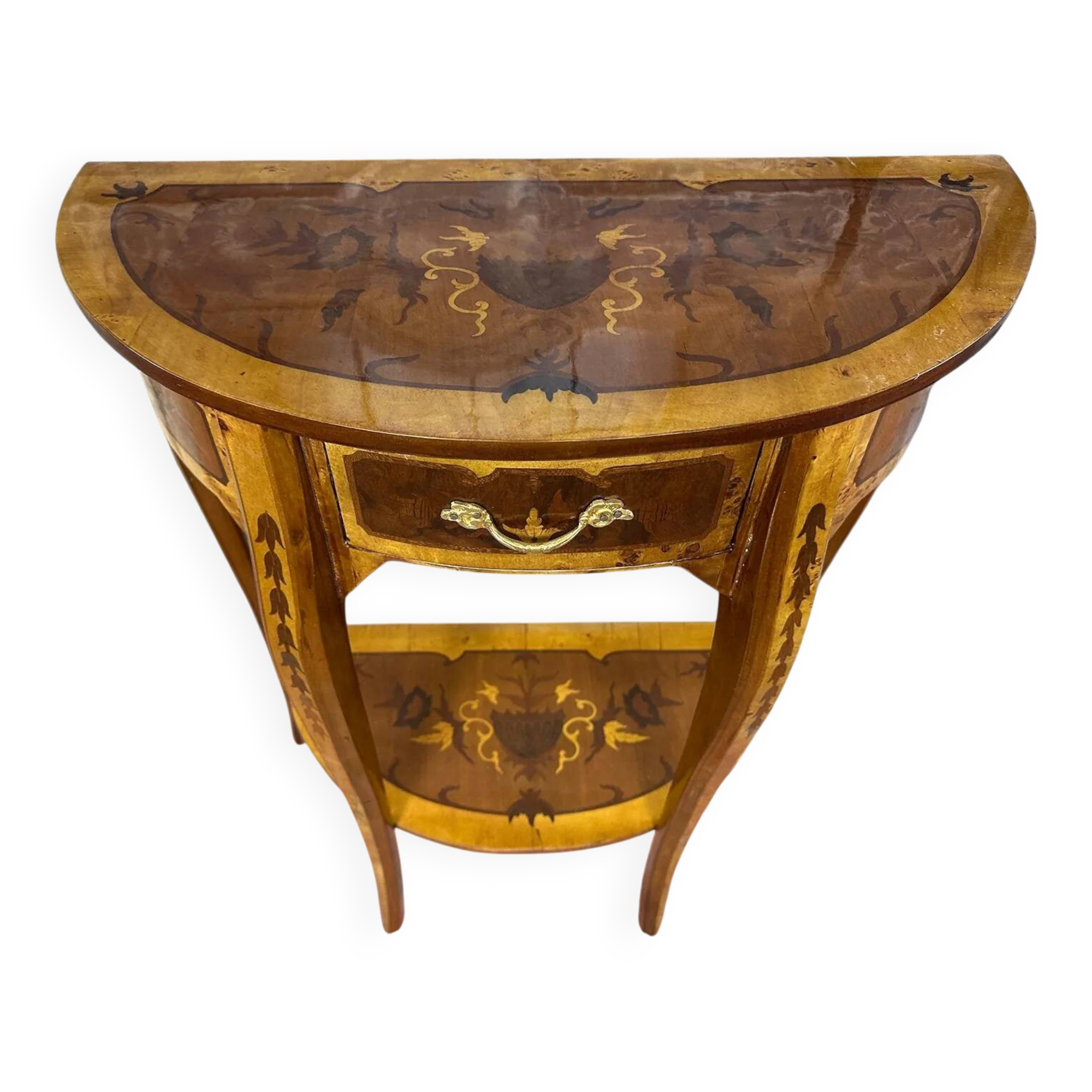 Console demi-lune Louis XV en marqueterie, style italien