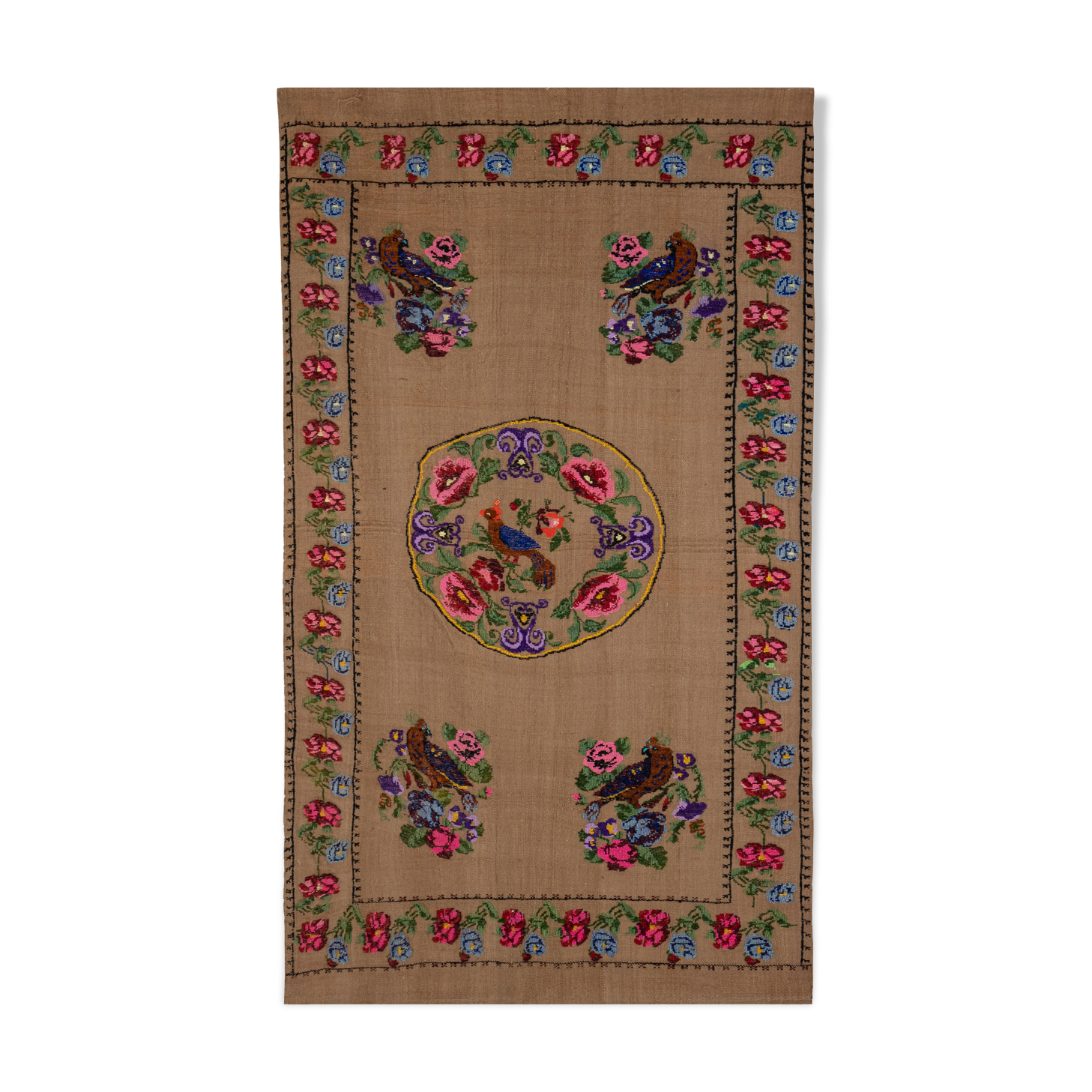 Turkish Aubusson Kilim Rug With Floral and Animal Pattern 100 x 167 cm