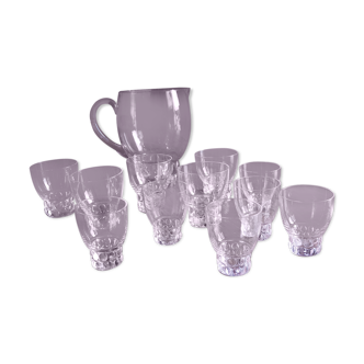 Carafe and water glasses and liqueur