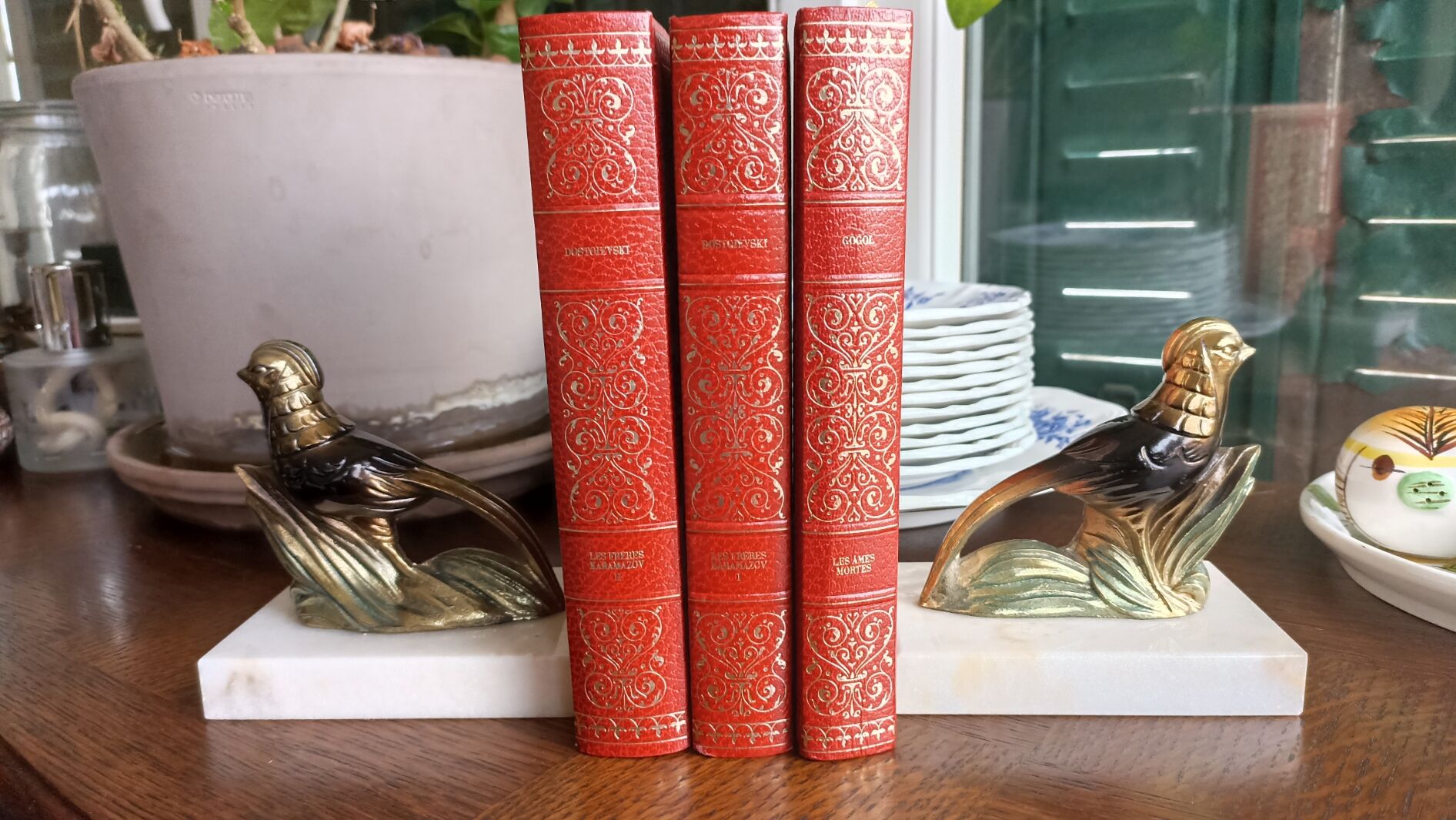 Marble and zinc art bookends - Pheasants