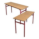 Set of 2 double school desks 1970 red steel and oak