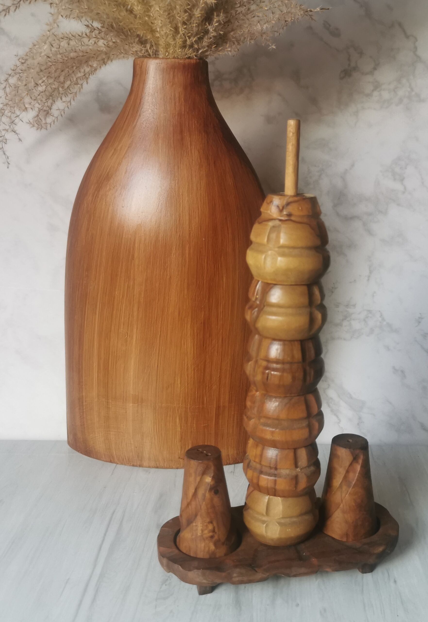 Carved wood shells salt and pepper shaker
