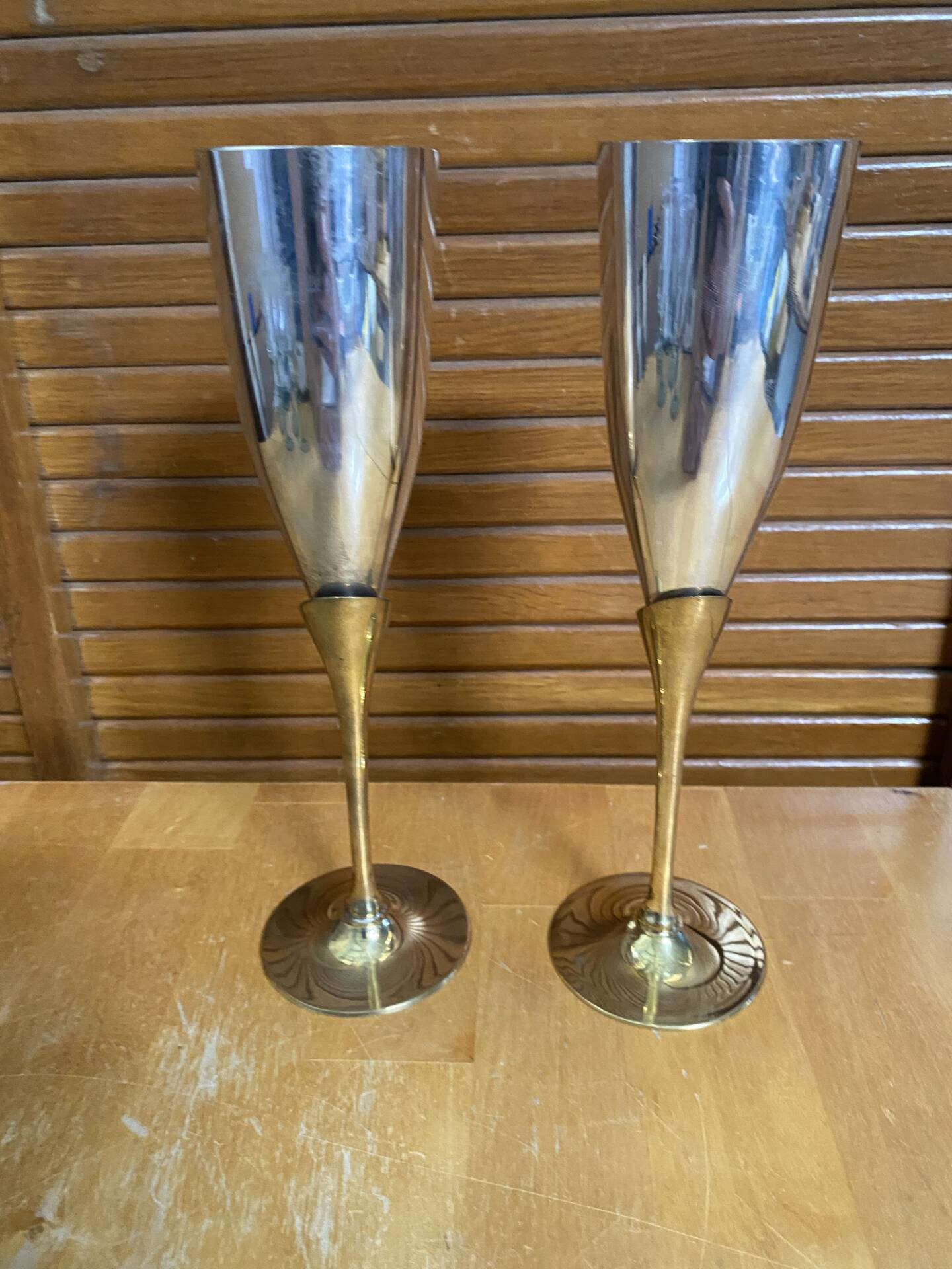 Paire Flûte Champagne Métal Chromé + Doré Vintage #E368