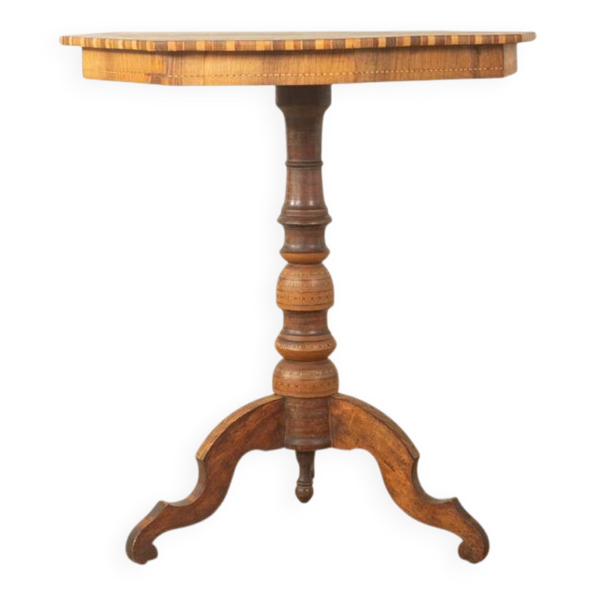 Antique octagonal walnut side table with elaborate inlays, probably Italy, mid-19th century
