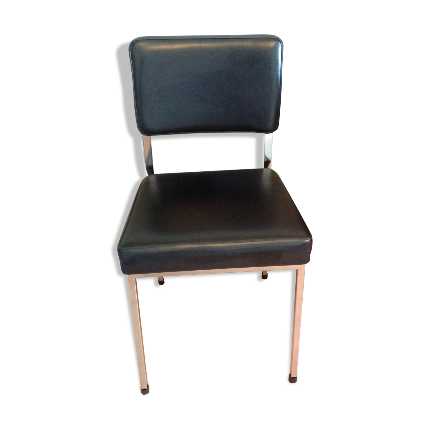 Chair in faux black leather and chrome metal / vintage 60-70s