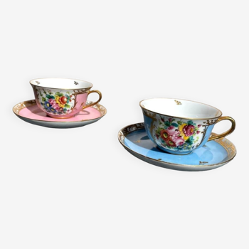 Duo de tasses et sous-tasses porcelaine de limoges a decor floral bleu et rose