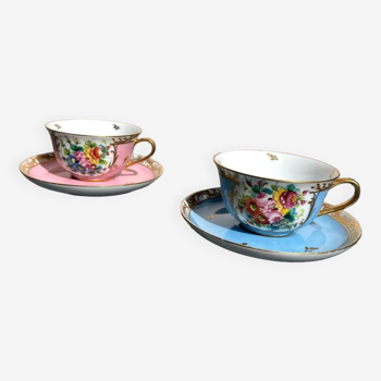Duo of limoges porcelain cups and saucers with blue and pink floral decoration