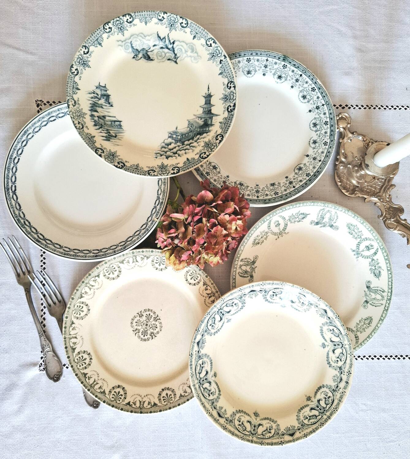 Mismatched antique ironstone earthenware plates
