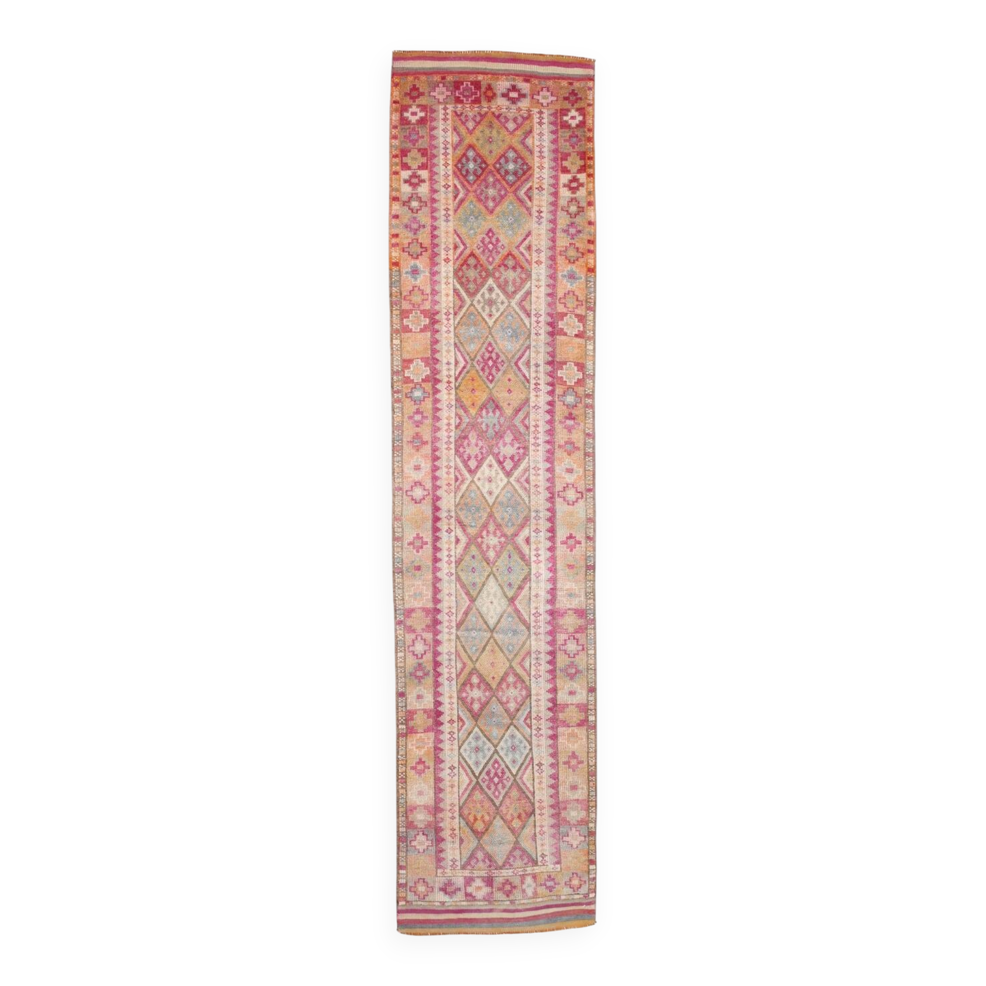Tapis couloir kilim vintage, Tons pastel rose, bleu et beige, 94x409
