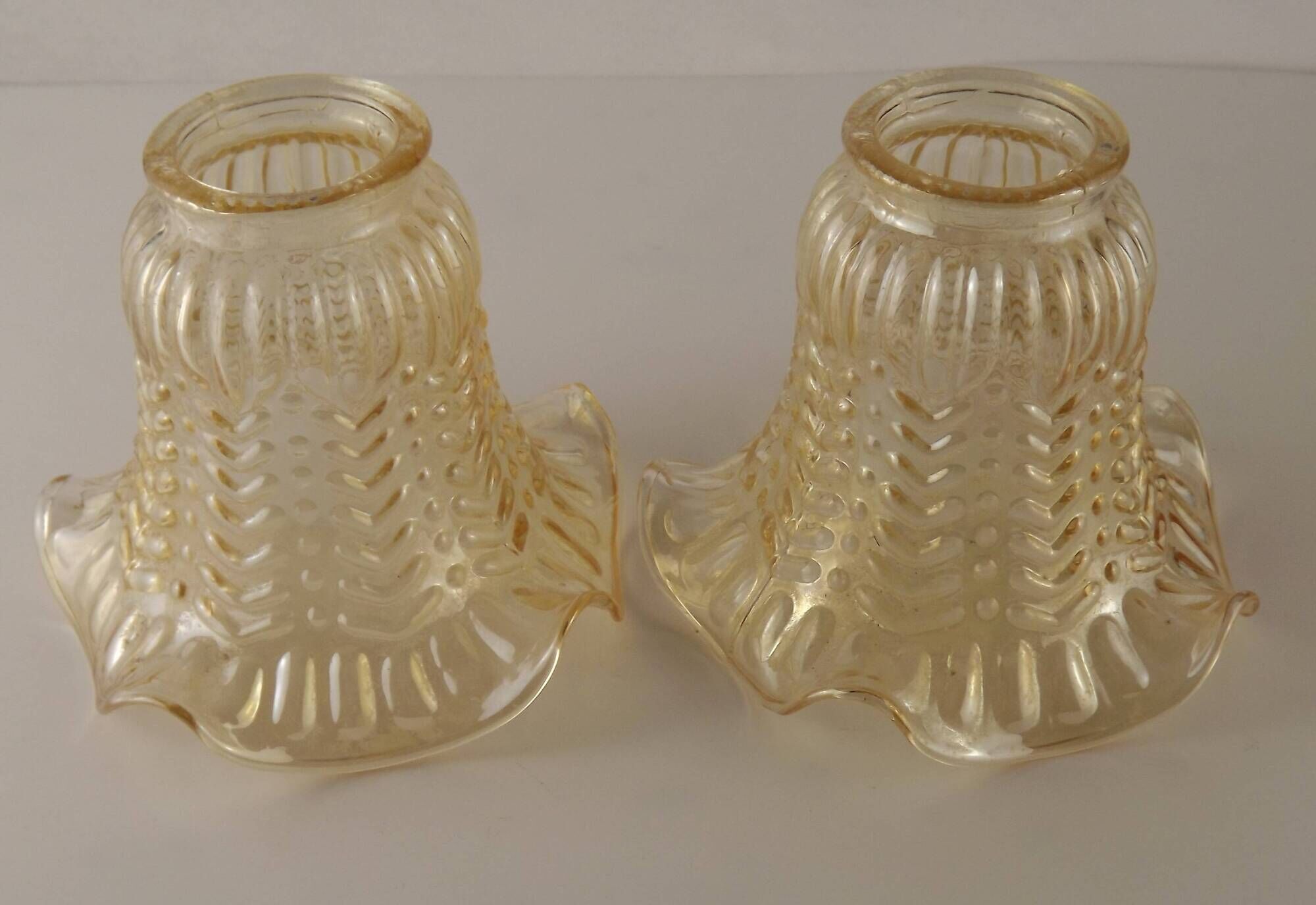 Matching Pair of Vintage French Amber Patterned Glass Shades 5594