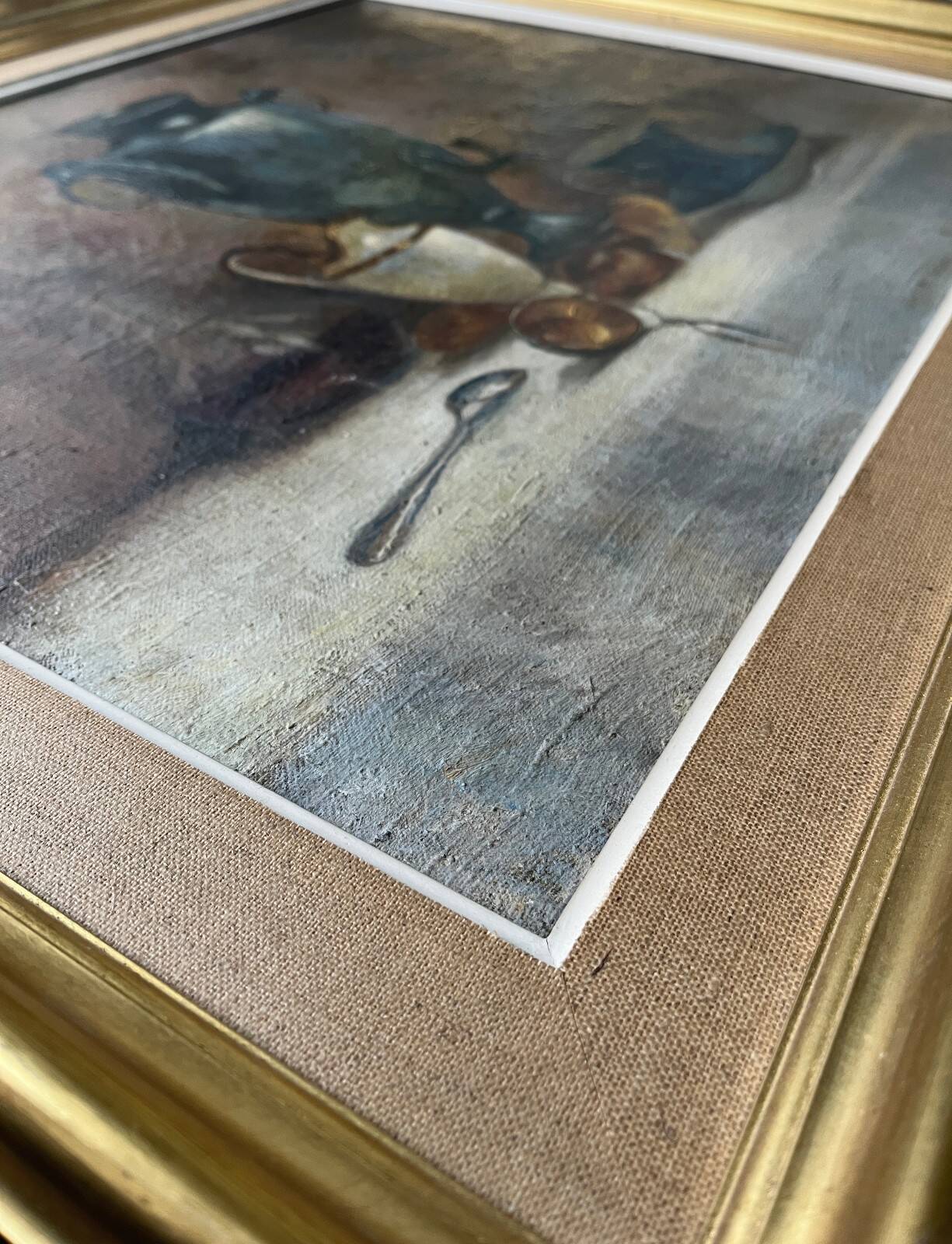 Antique HST painting "Still life: breakfast" signed A. Jouenne + ca