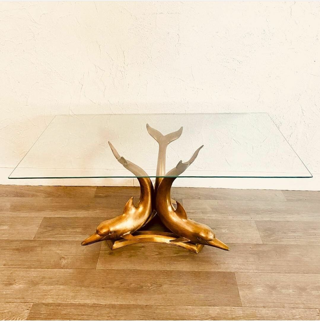 Coffee table 3 dolphins in brass