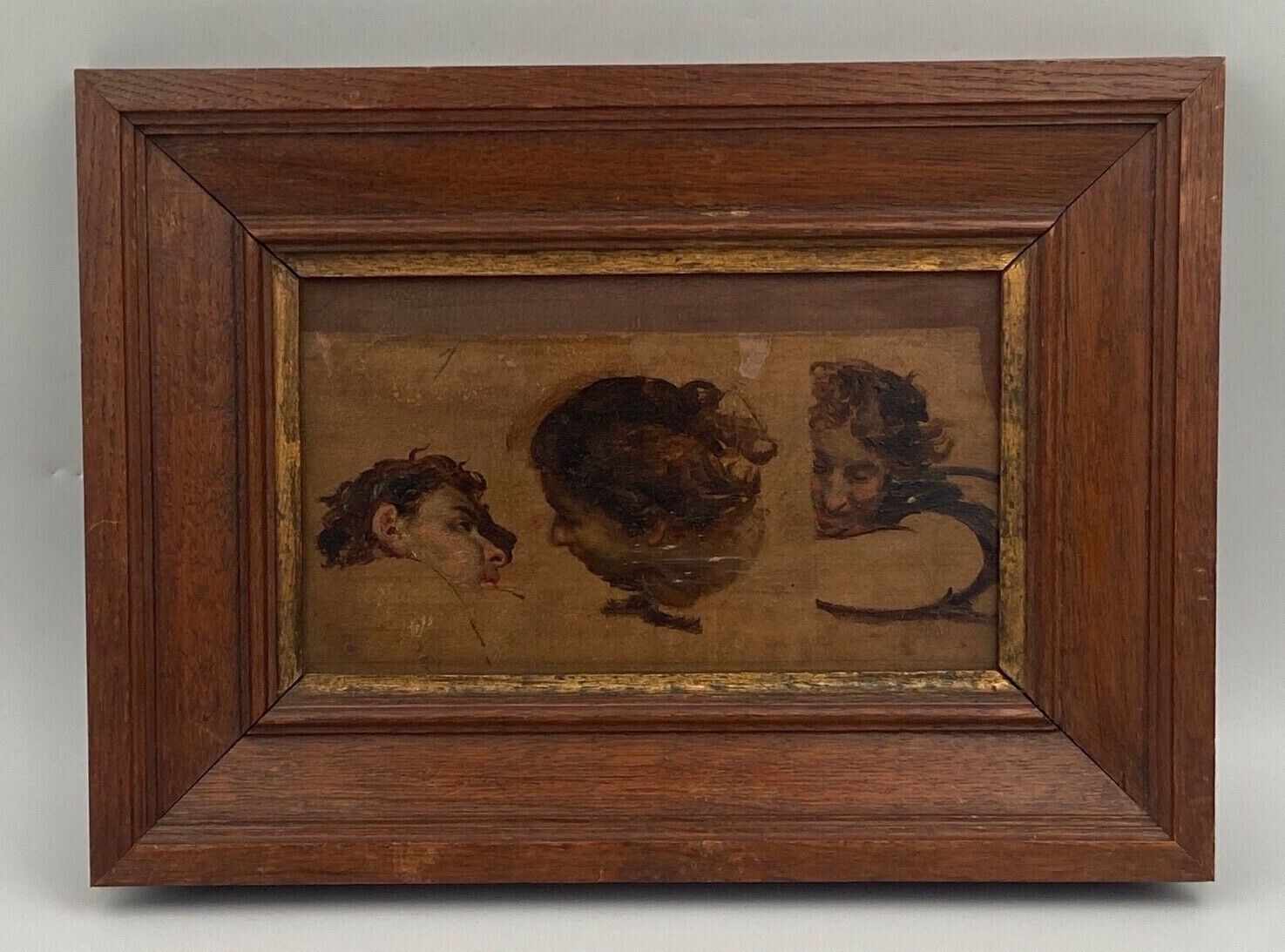 Oil on panel woman 3 faces in profile nineteenth frame wood e. jacob