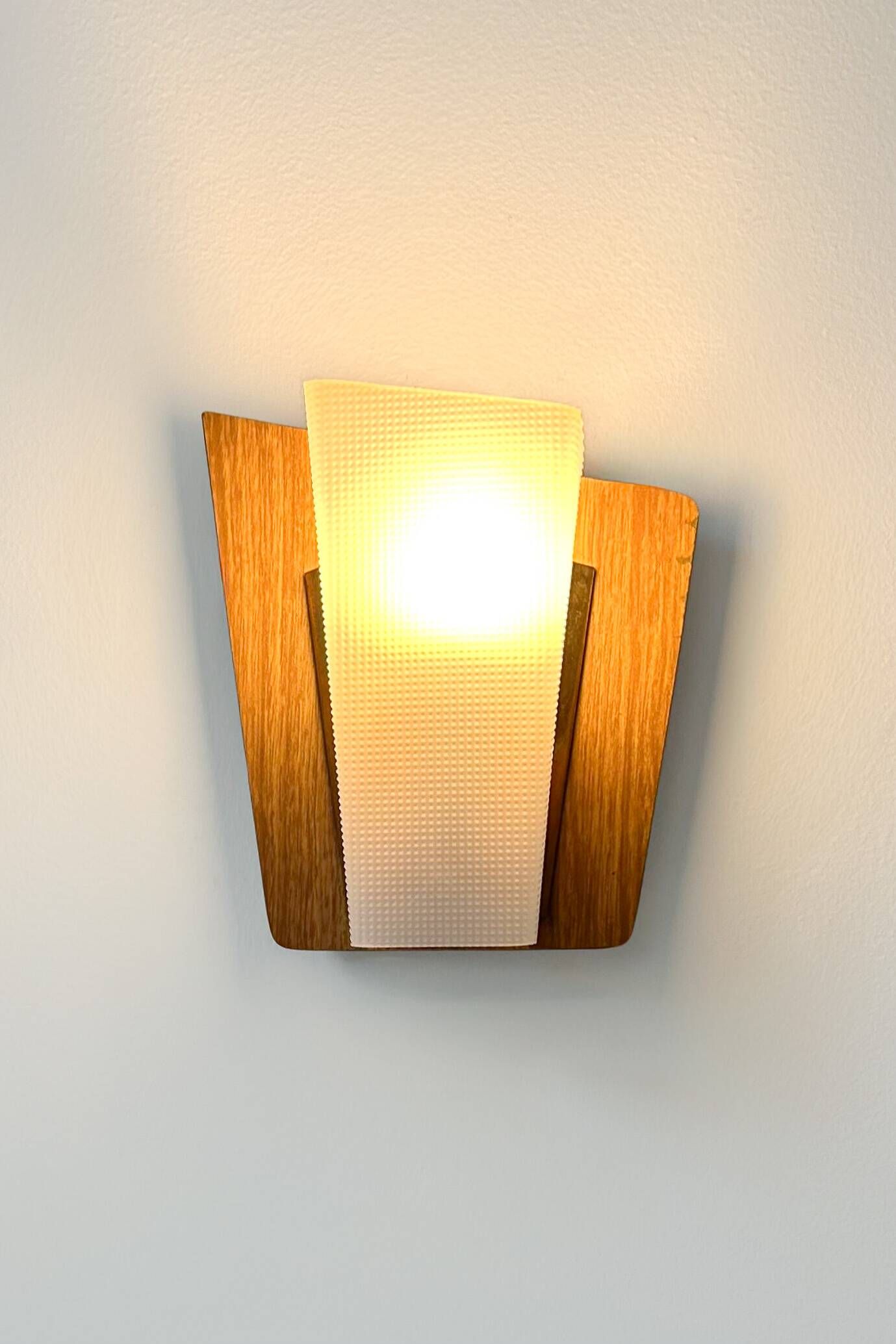 Pair of vintage perspex and wood wall lights, France 1960.