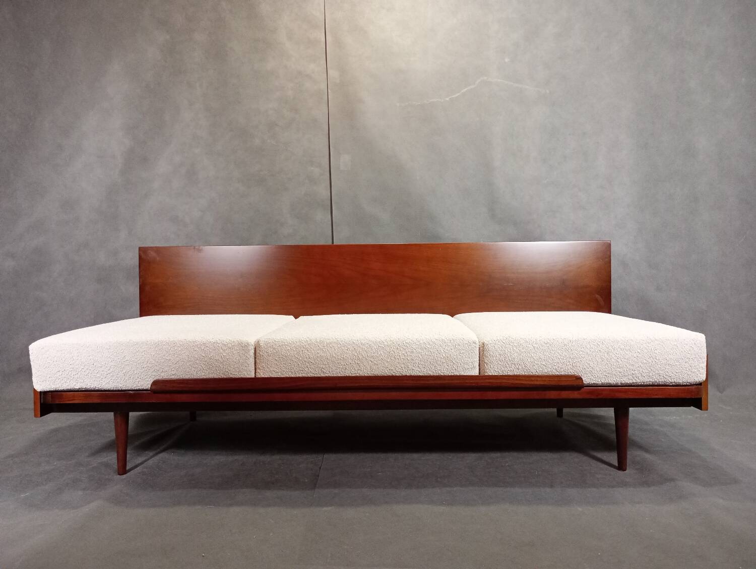 Jitona sobeslav sofa bed in walnut & boucle fabric, vintage czech 1960s