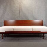 Jitona sobeslav sofa bed in walnut & boucle fabric, vintage czech 1960s