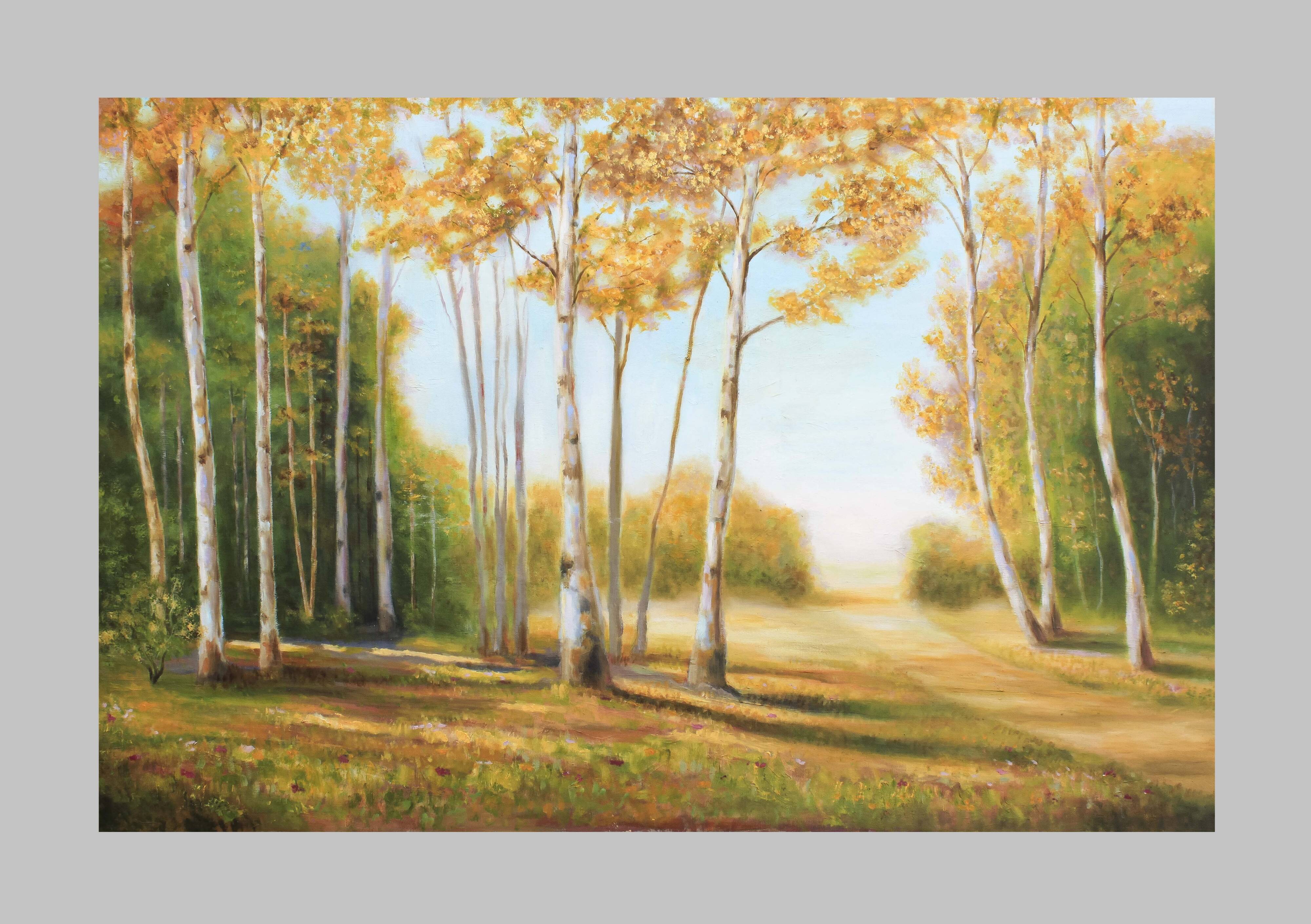 Cuadro con paisaje de álamos pintado al oleo sobre lienzo. Oil painting