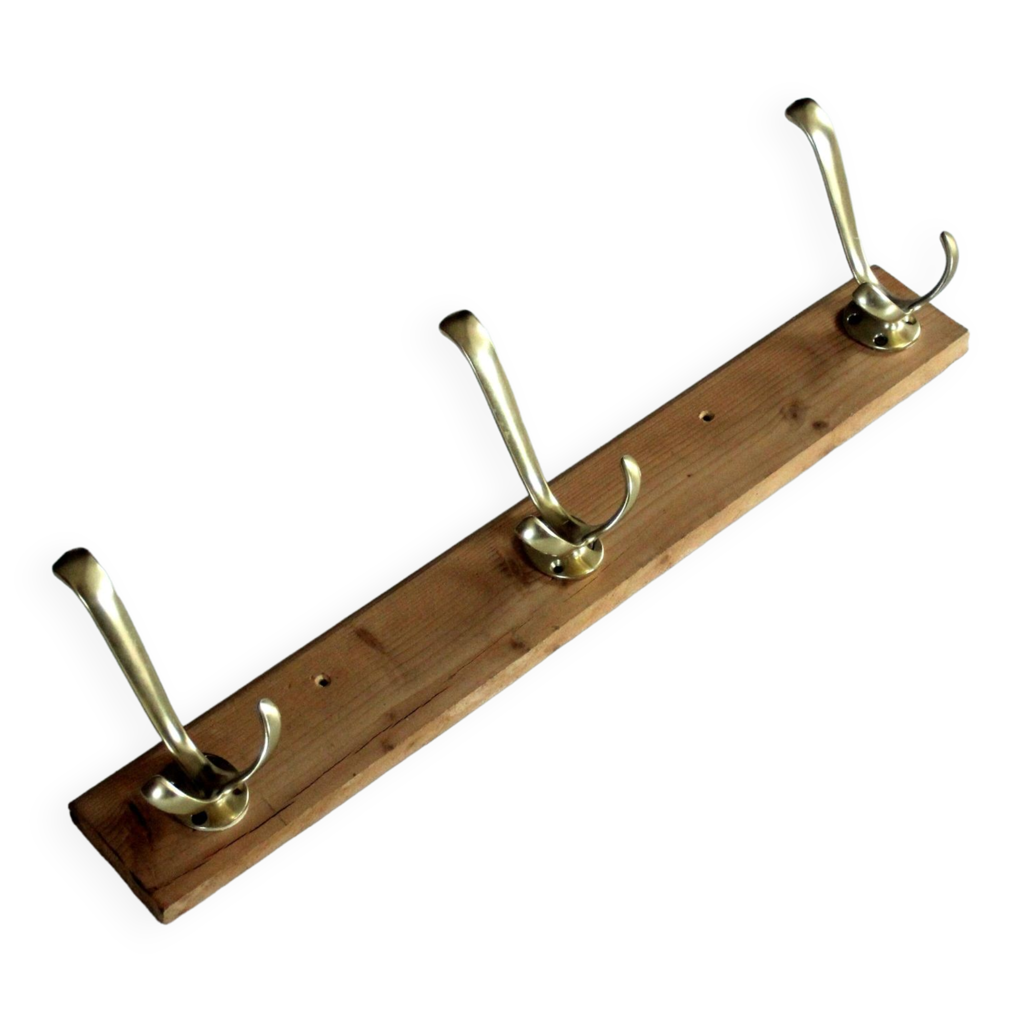 Wall mounted wooden coat rack with 3 brass hooks, vintage from the 50s