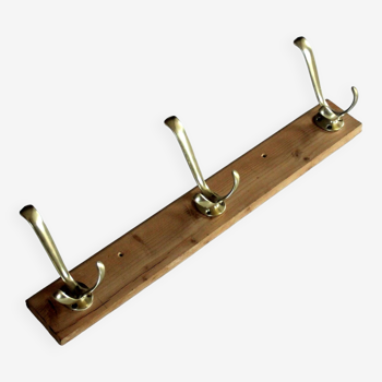 Wall mounted wooden coat rack with 3 brass hooks, vintage from the 50s