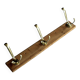 Wall mounted wooden coat rack with 3 brass hooks, vintage from the 50s