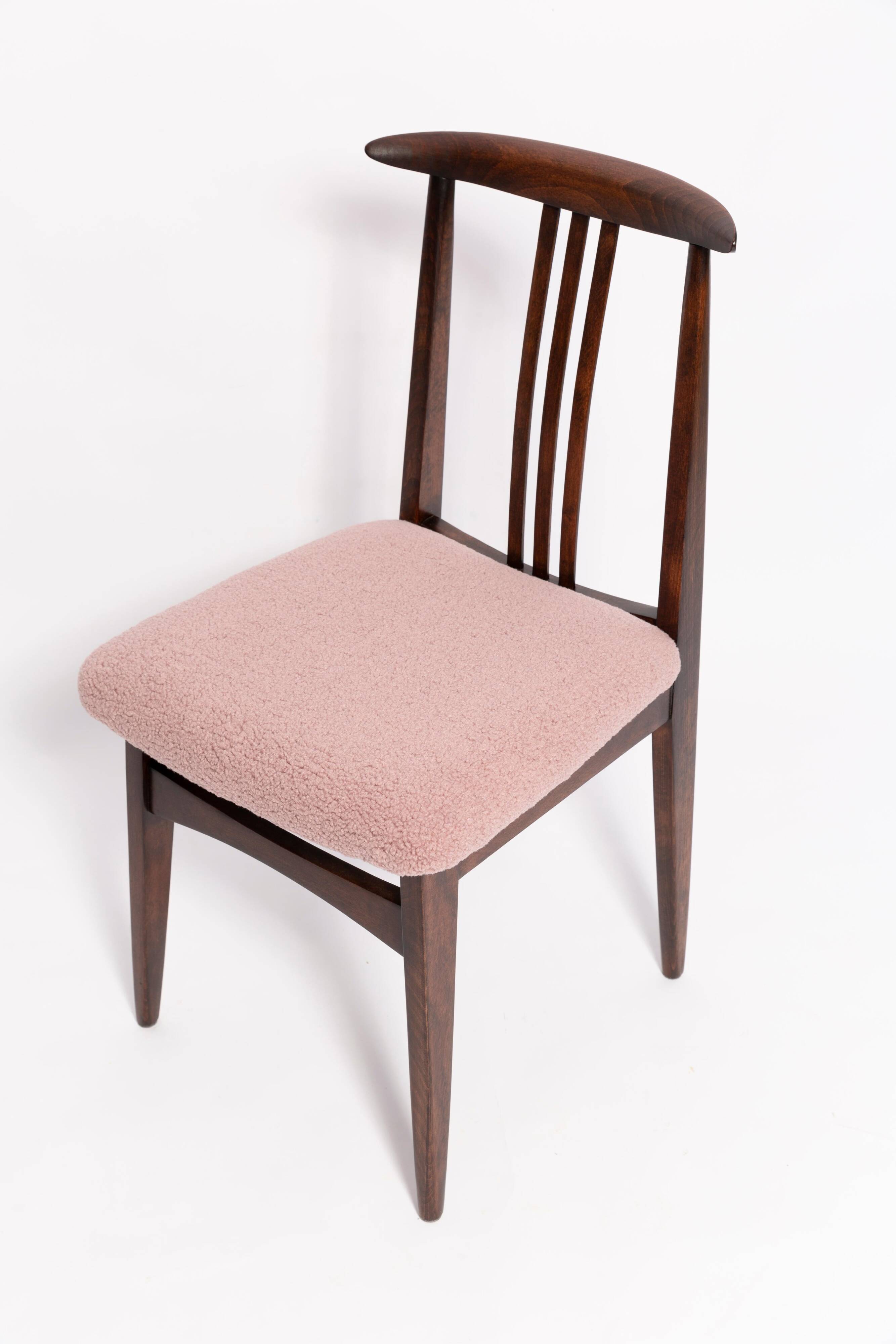 Mid-Century Beech Chair in Pale Pink Boucle, Walnut Wood, by M. Zielinski, Europe, 1960s