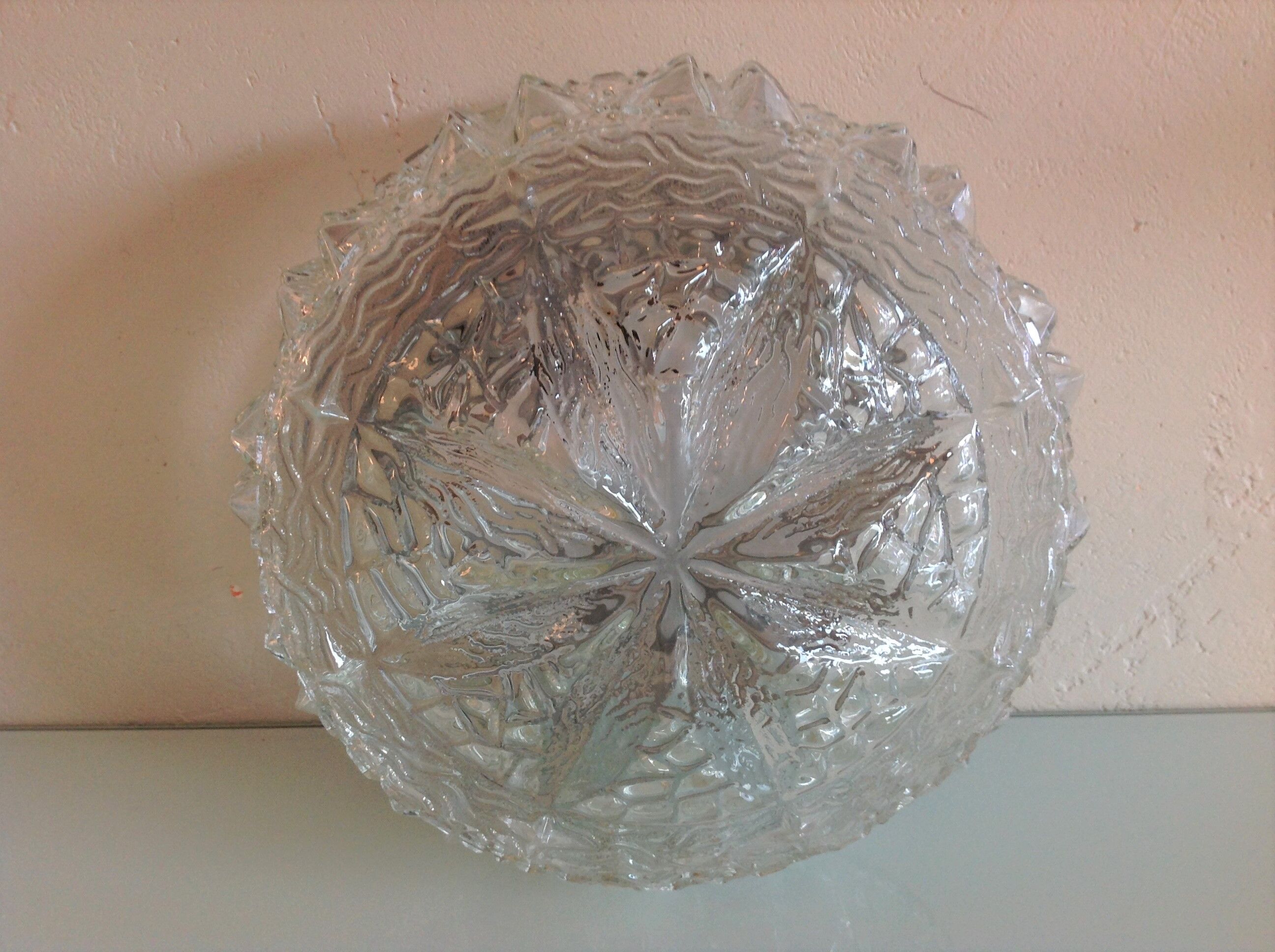 Structured glass round ceiling lamp vintage 60s-70s