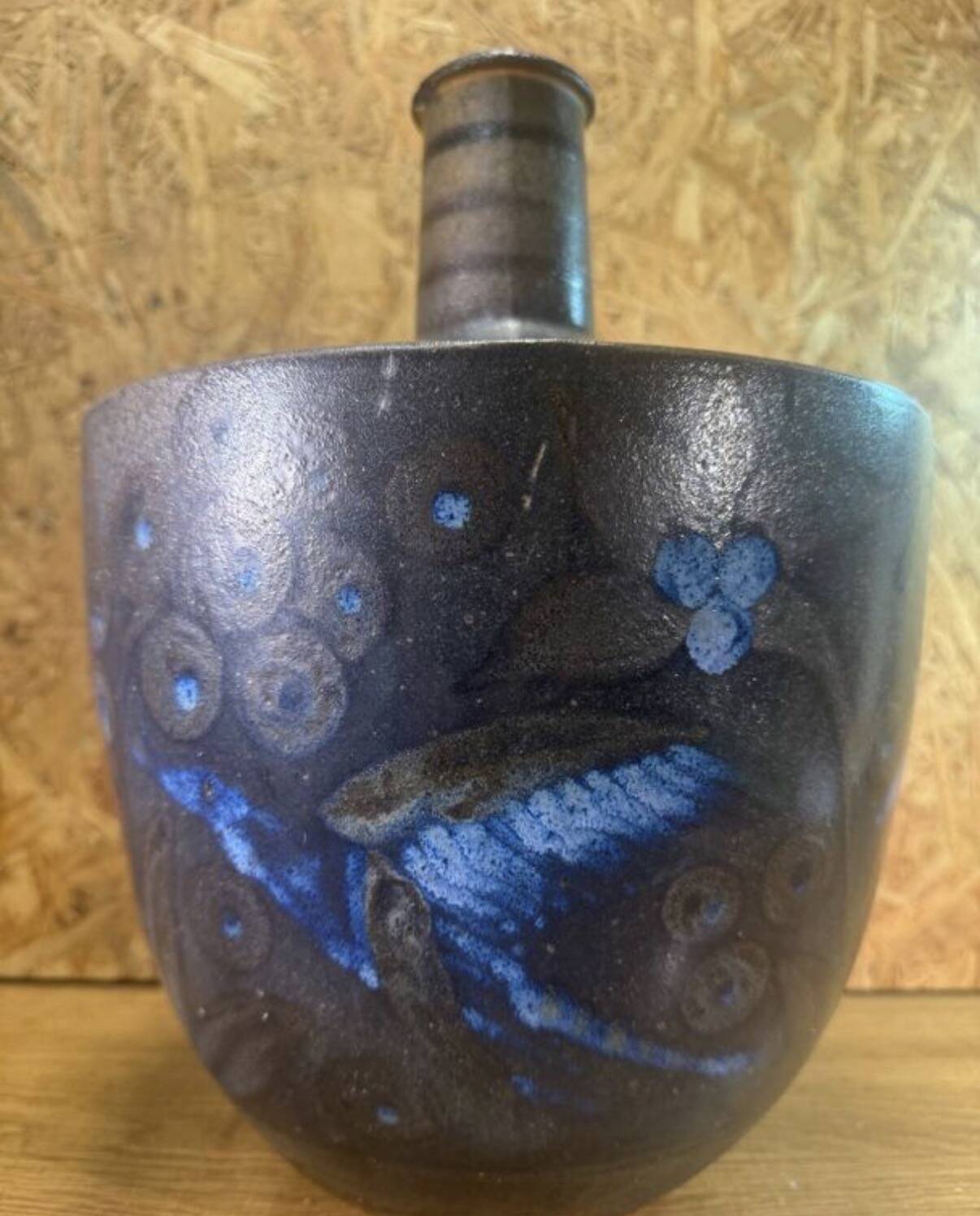 Primavera Art Deco vase, glazed stoneware with blue bird decoration by Marguerite Lehm.