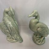 Art Deco Pair cormorants cracked ceramic signed circa 1940
