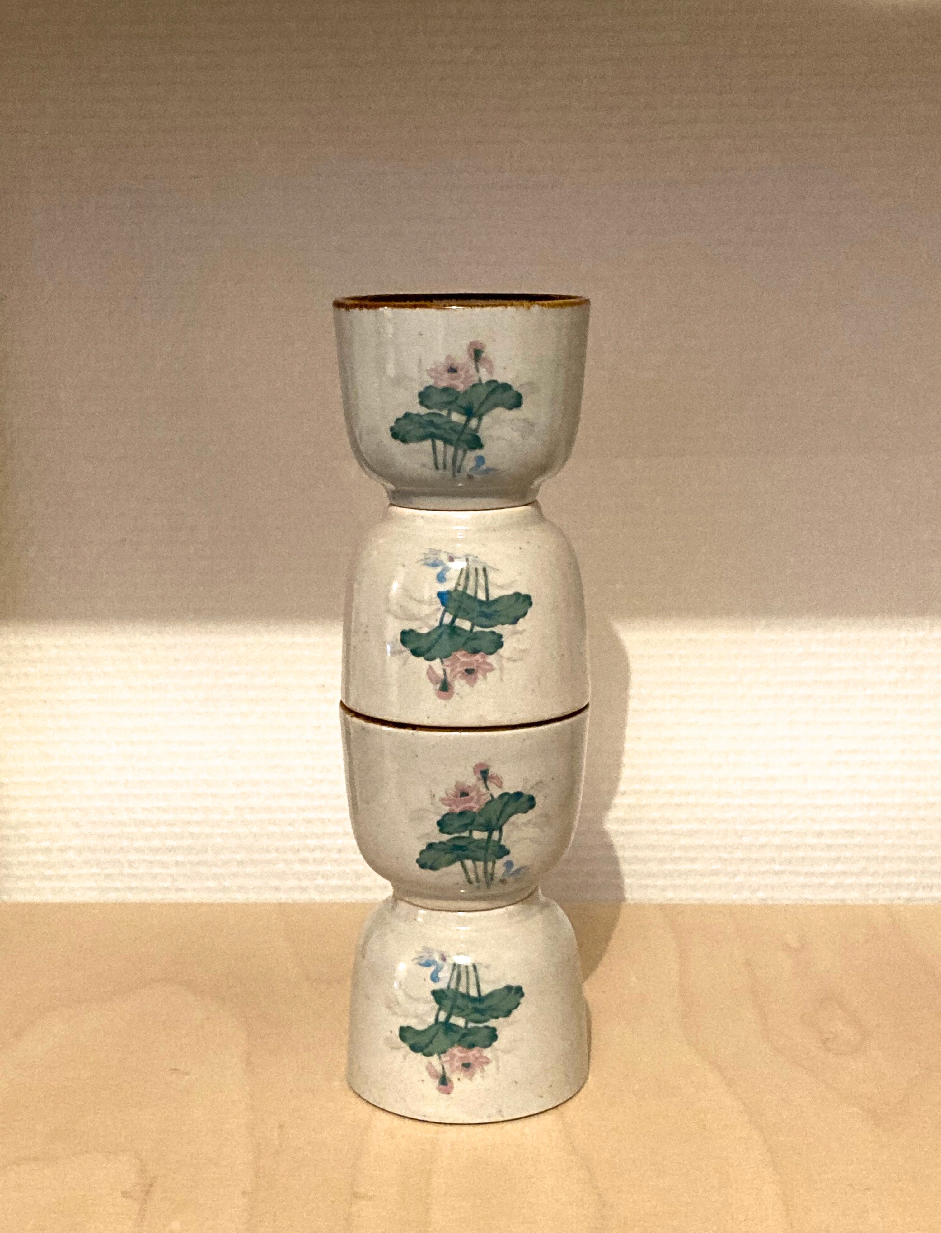 4 cup vintage sandstone lot with flower patterns