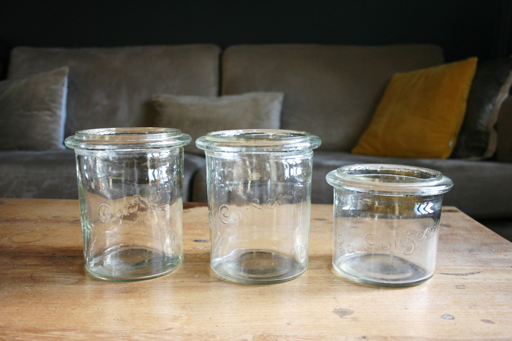 Ensemble de 3 pots vintage en verre La Conserve