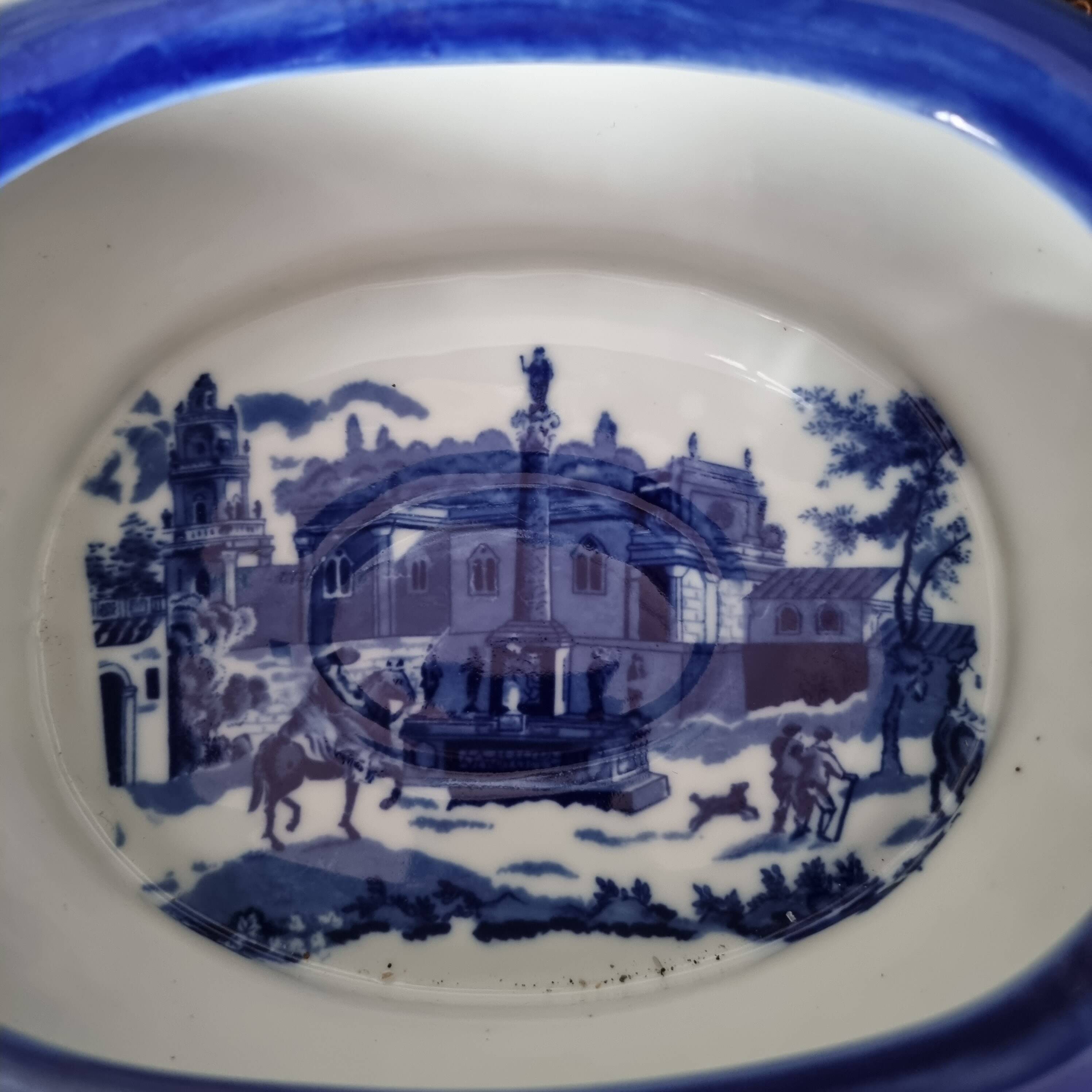 English porcelain flower pot or planter, blue Victorian landscape