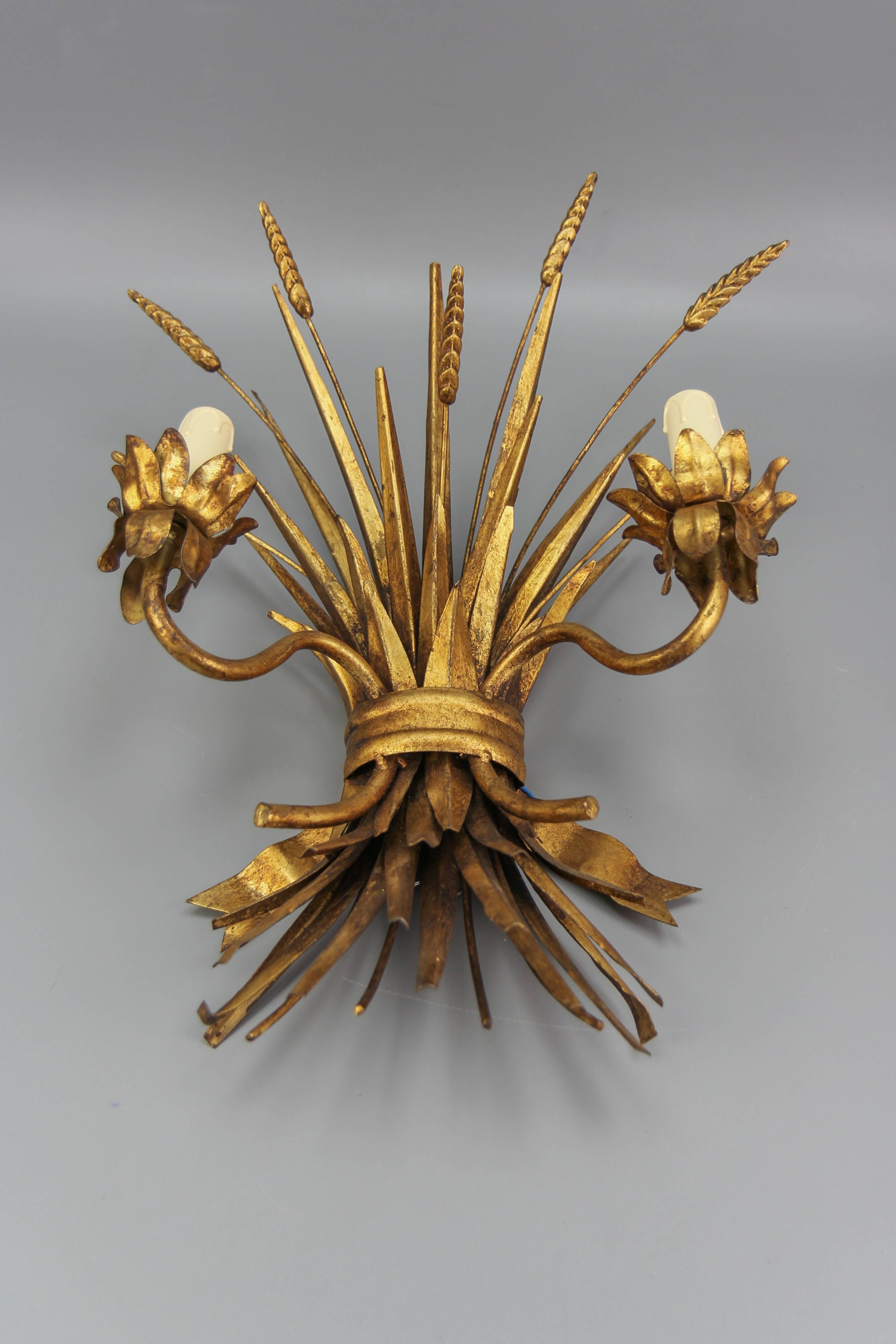 Gilt metal wheat sheaf two-light wall sconce