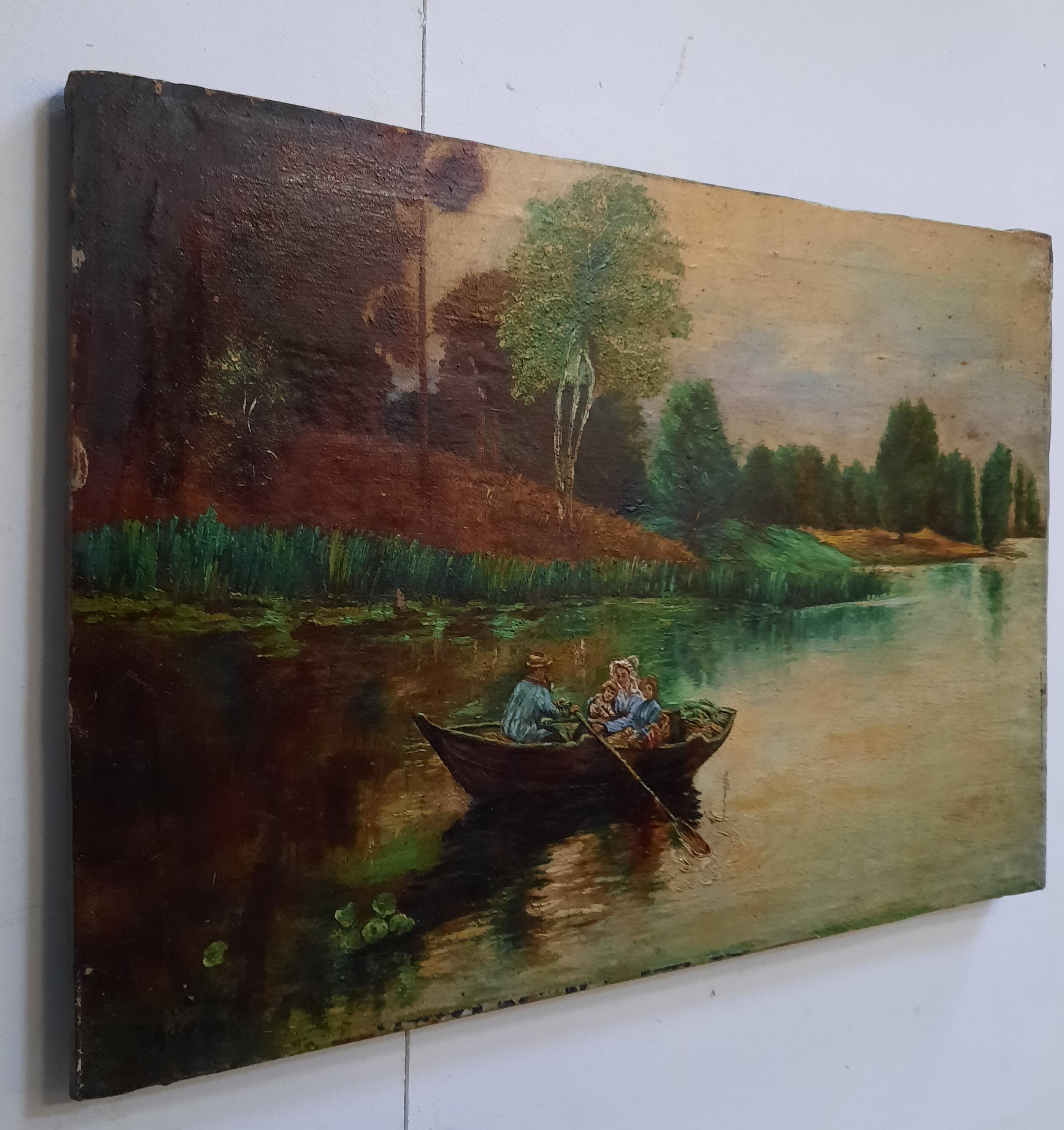 Huile sur toile "Promenade en barque"