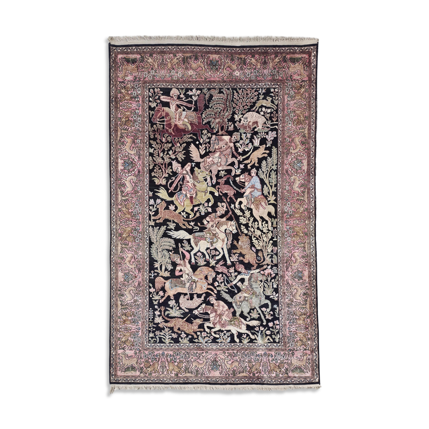 Tapis en soie Qom (soie sur coton) scène de chasse Cachemire 1950s