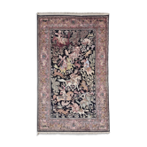 Tapis en soie Qom (soie sur coton) scène de chasse Cachemire 1950s