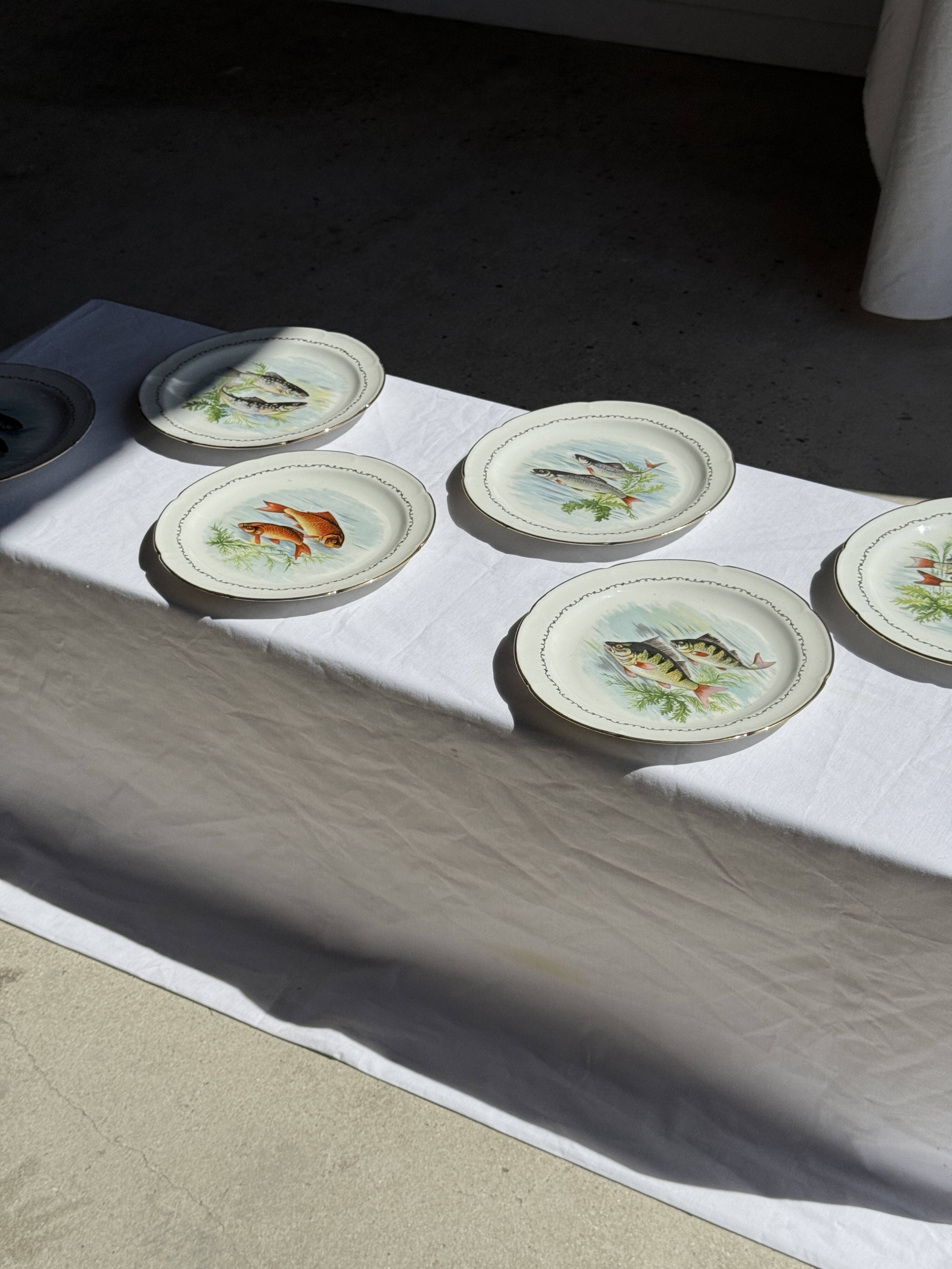 Set of 6 vintage Limoges porcelain plates with fish design.