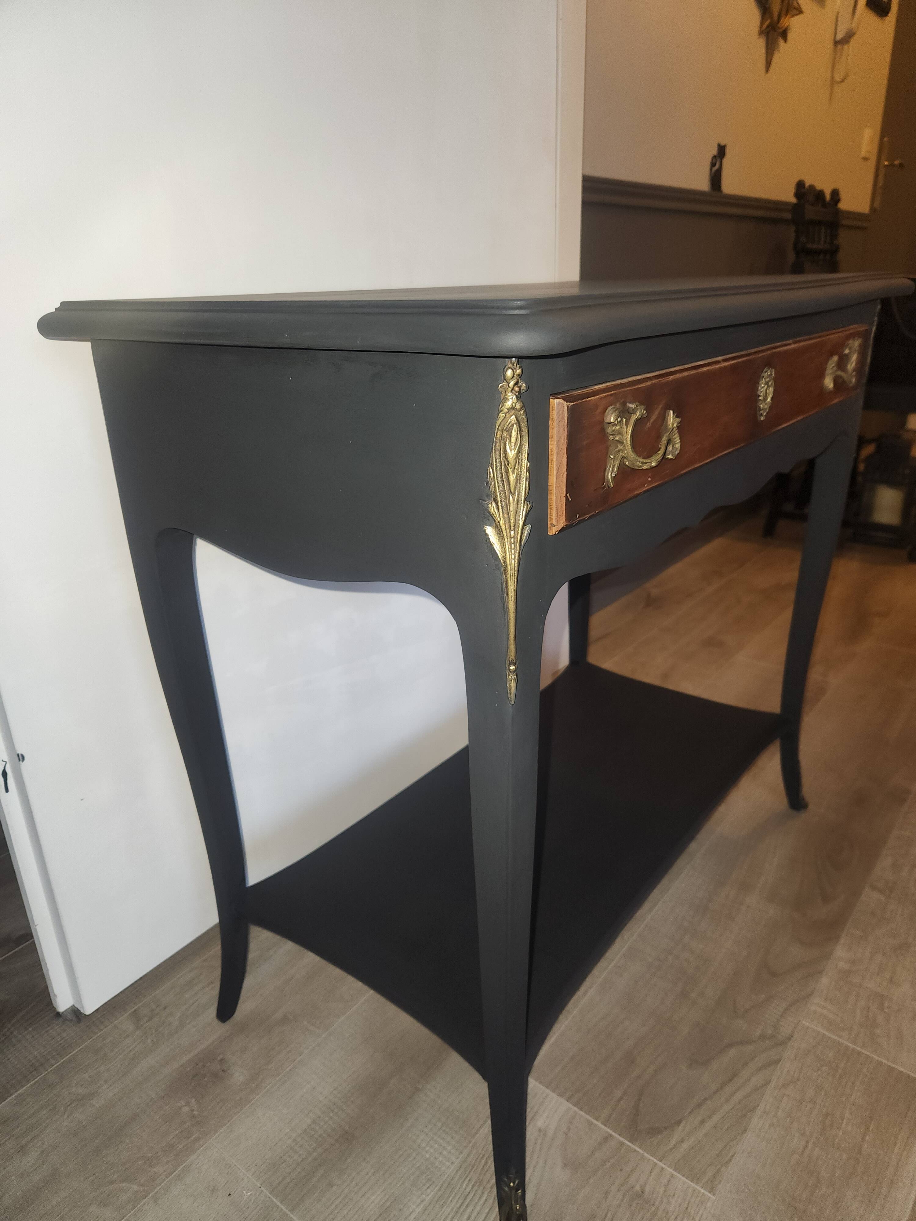 Mat black console / natural wood / gilding – Louis XV style Unique piece