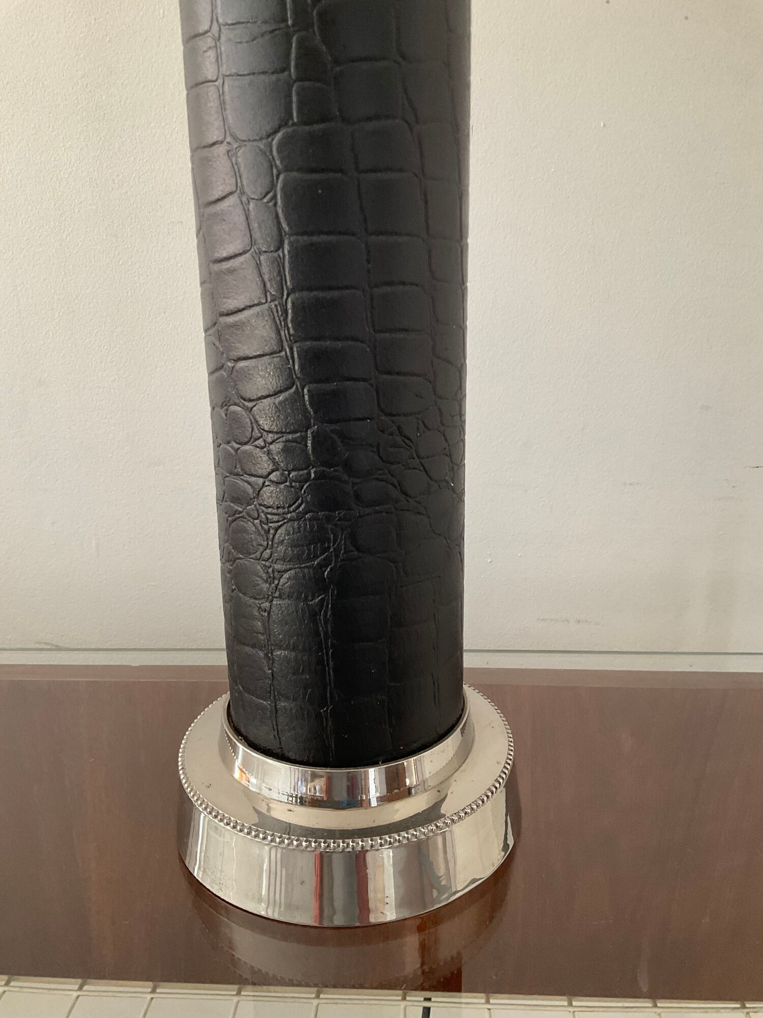 Vintage column lamp in leather and silver brass 60s-70s