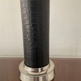 Vintage column lamp in leather and silver brass 60s-70s