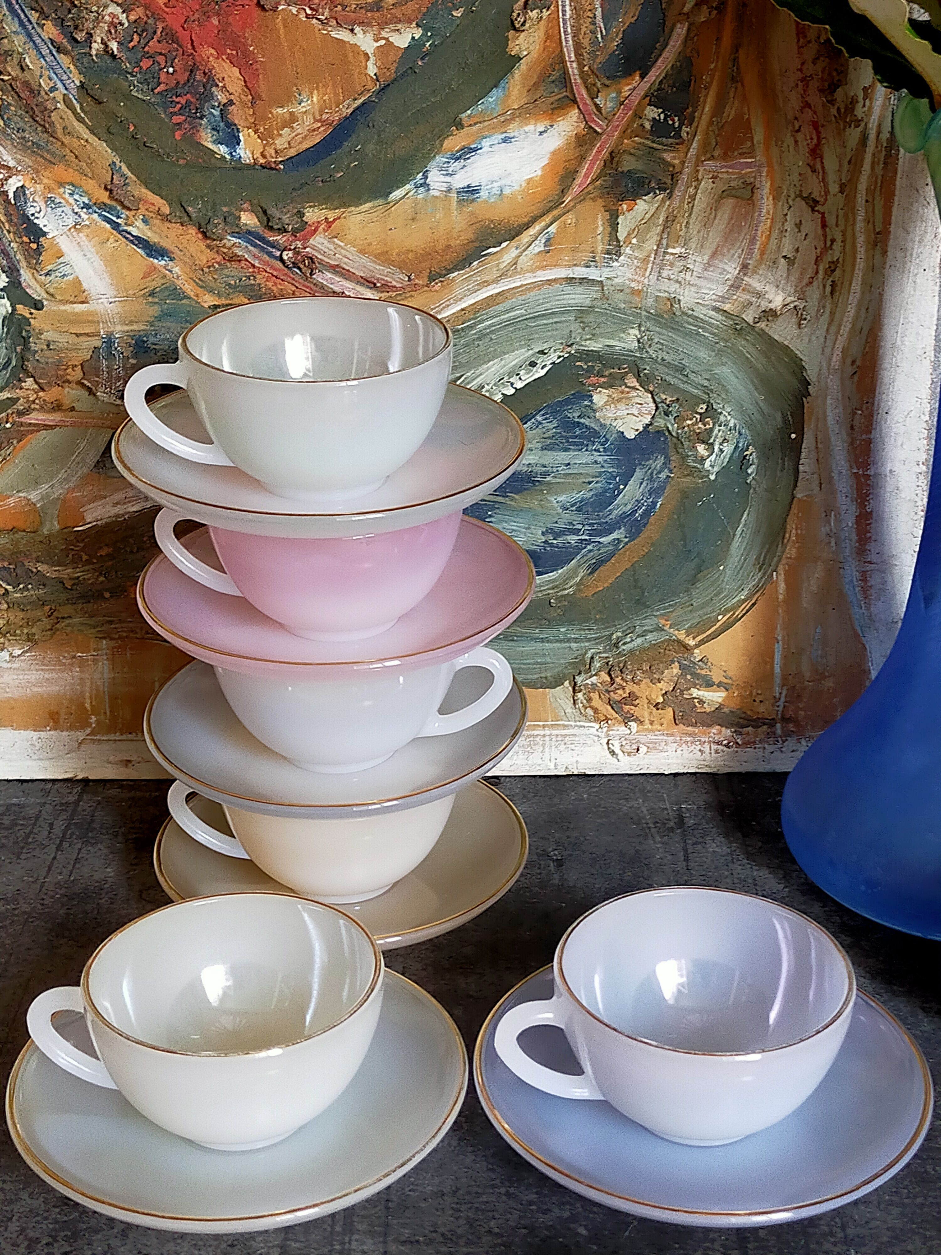 Six vintage iridescent pastel arcopal opaline cups
