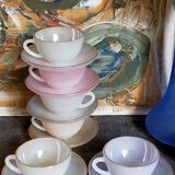 Six vintage iridescent pastel arcopal opaline cups