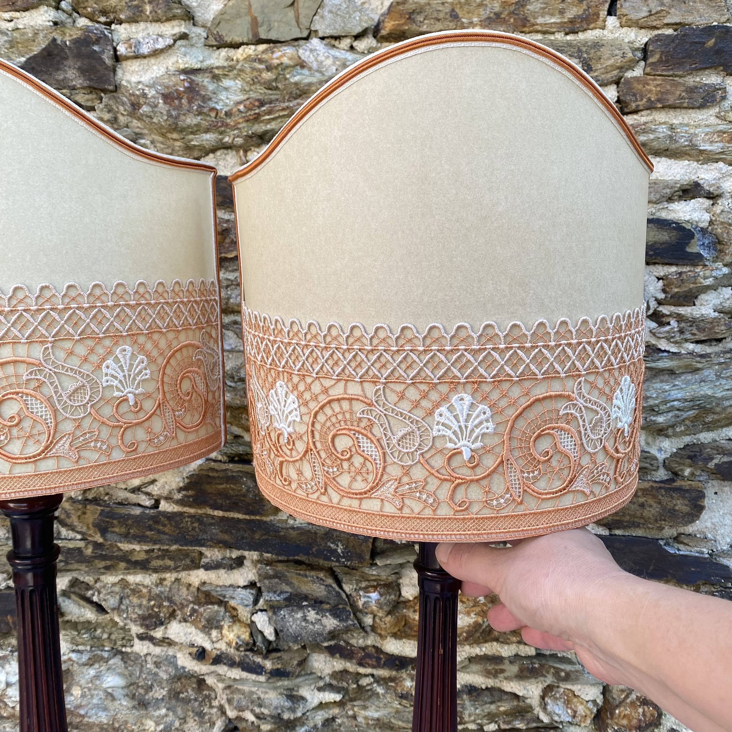 Pair of large retro lamps with wooden column base 72 cm