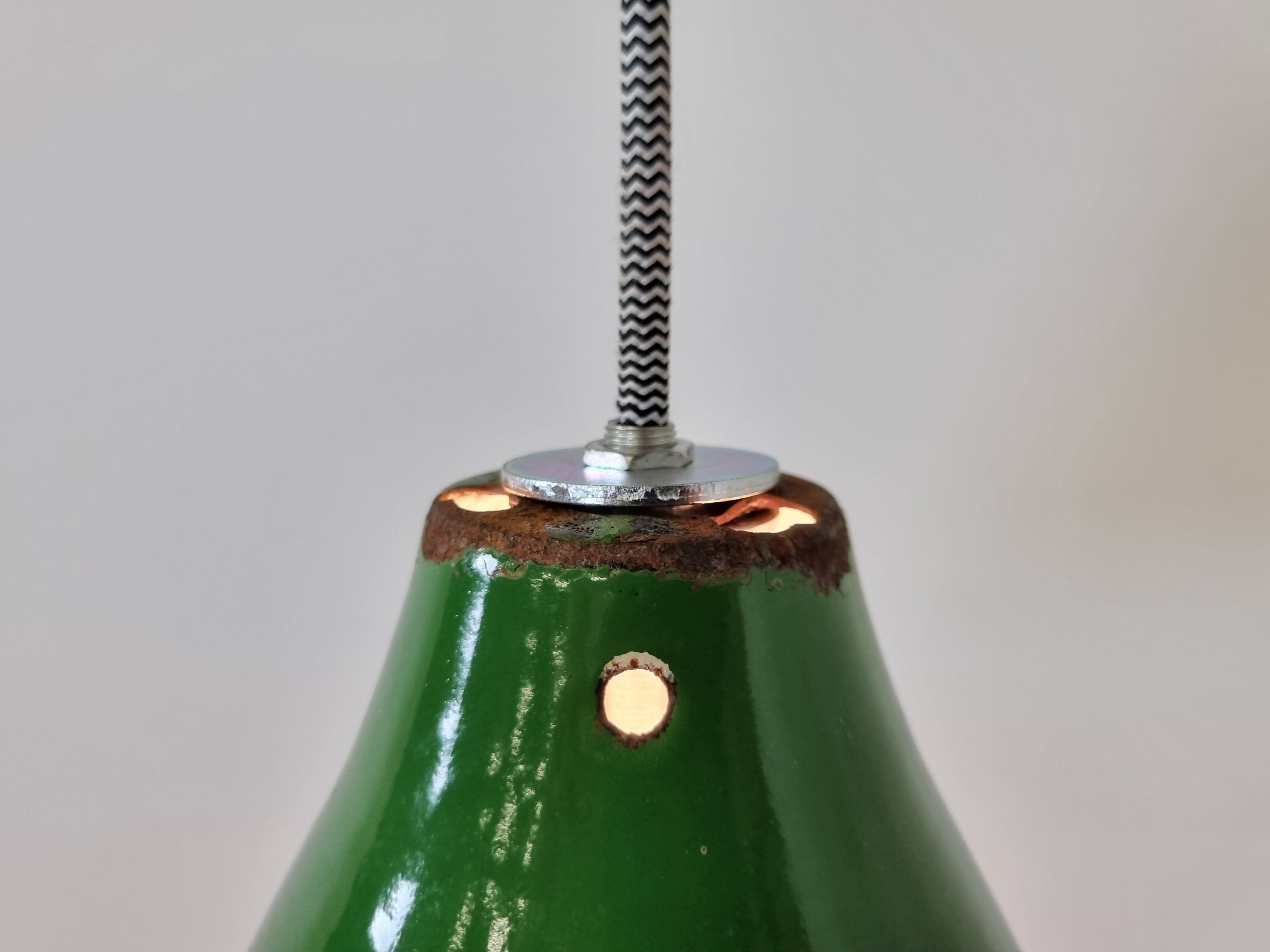 Small vintage industrial green enamel pendant lights, 1960s