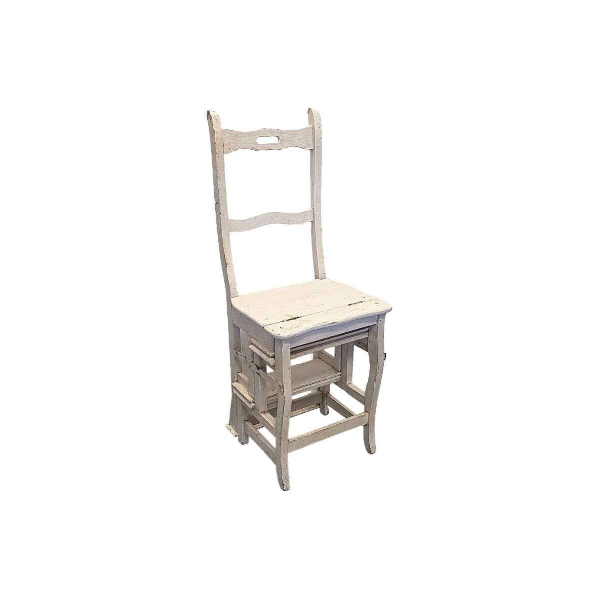 Chaise échelle métamorphose peinte en blanc antique français, datant d'environ 1900.