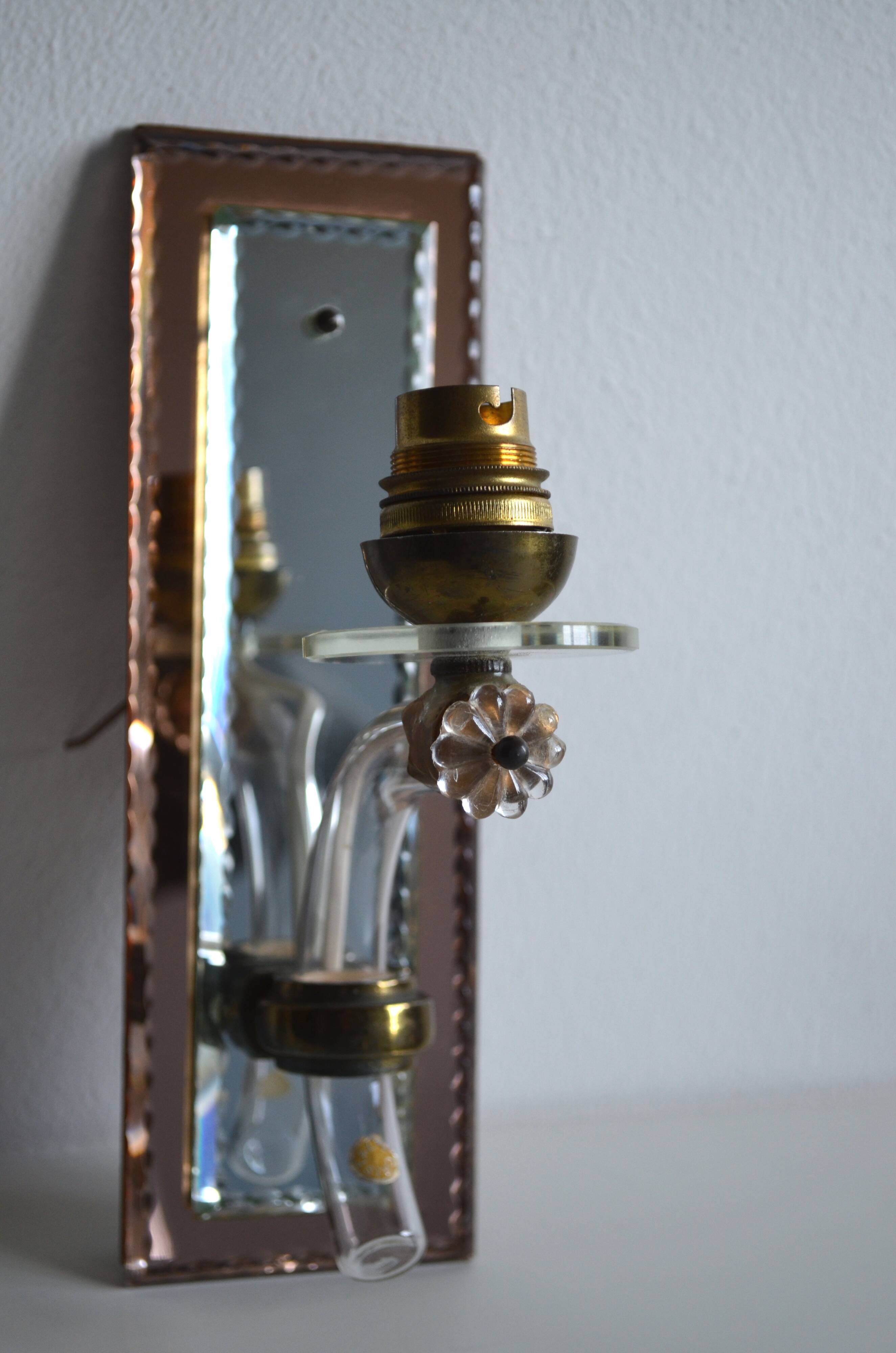 Pair of mirror and crystal wall lights from the 1940s-50s.