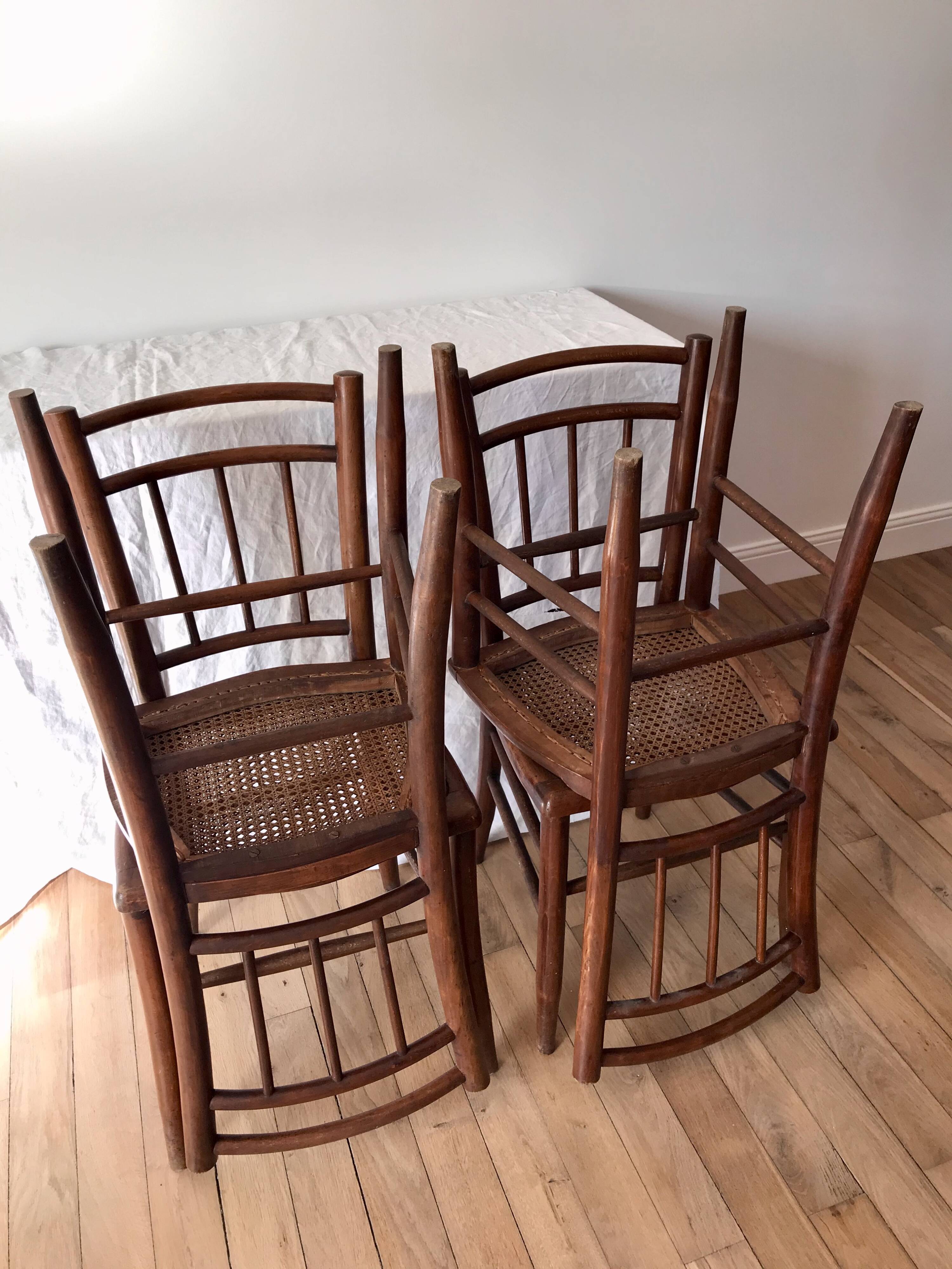 set of 4 bistro chairs in turned wood and canework stamped early 20th century