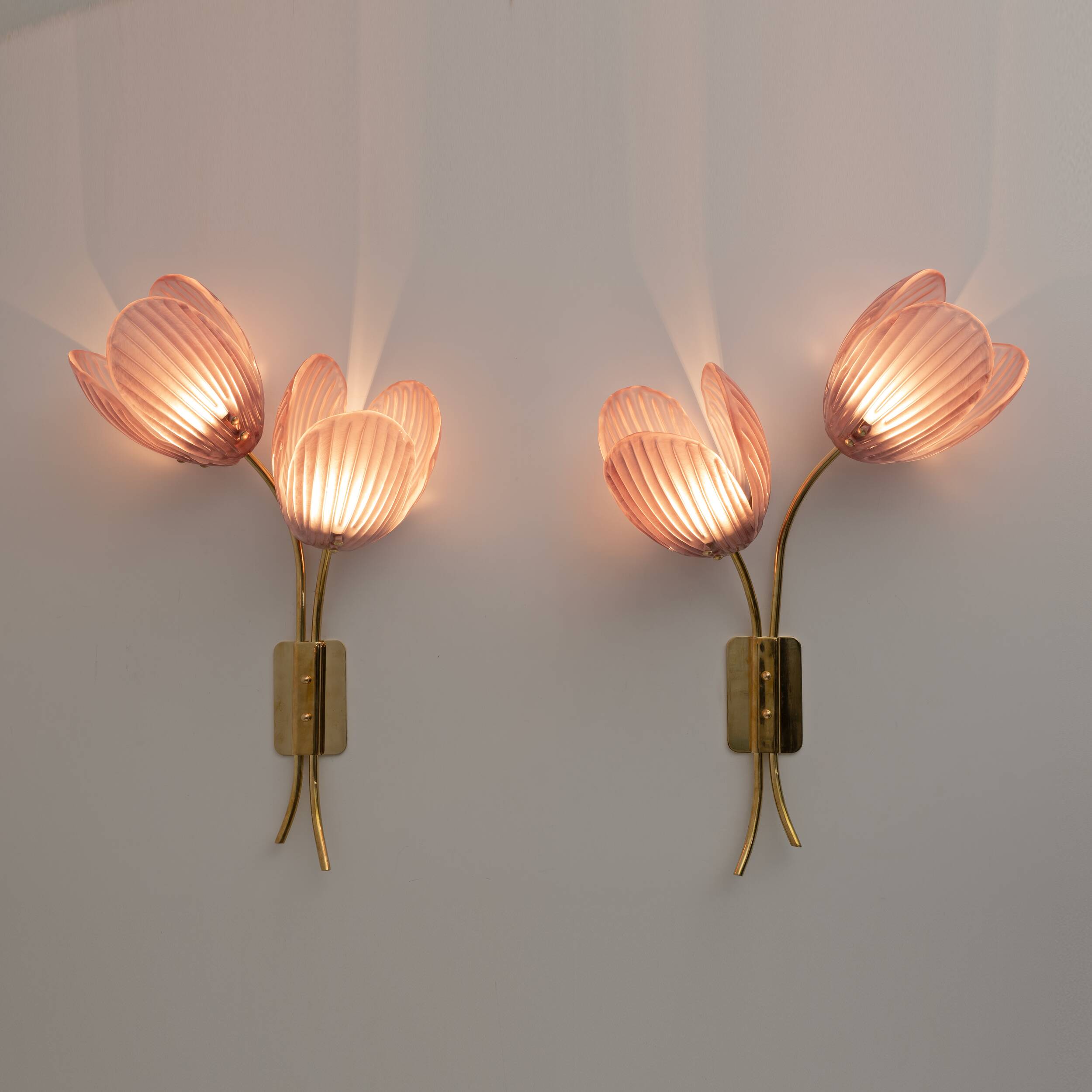 Pair of Tulips Murano Glass and Brass Sconces