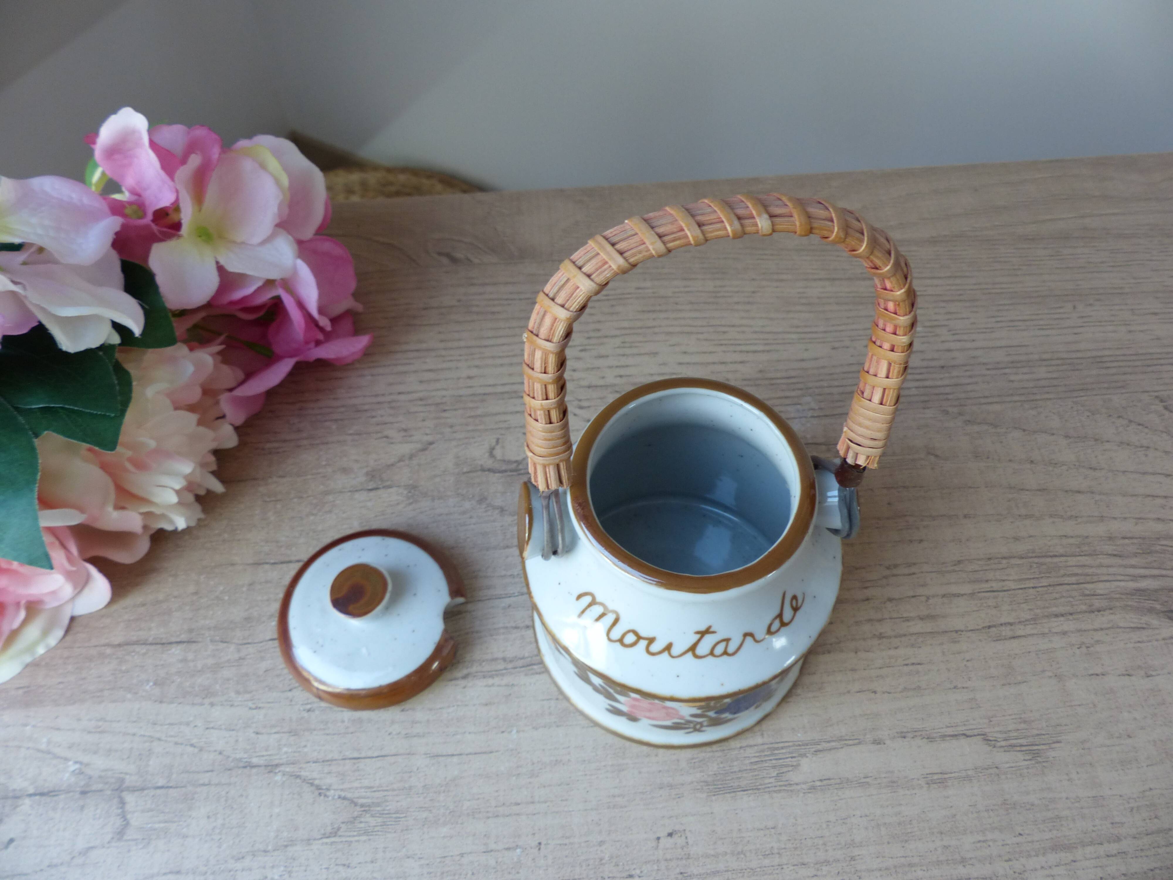 Old Great Mustard Pot with Ceramic Wicker Handle France