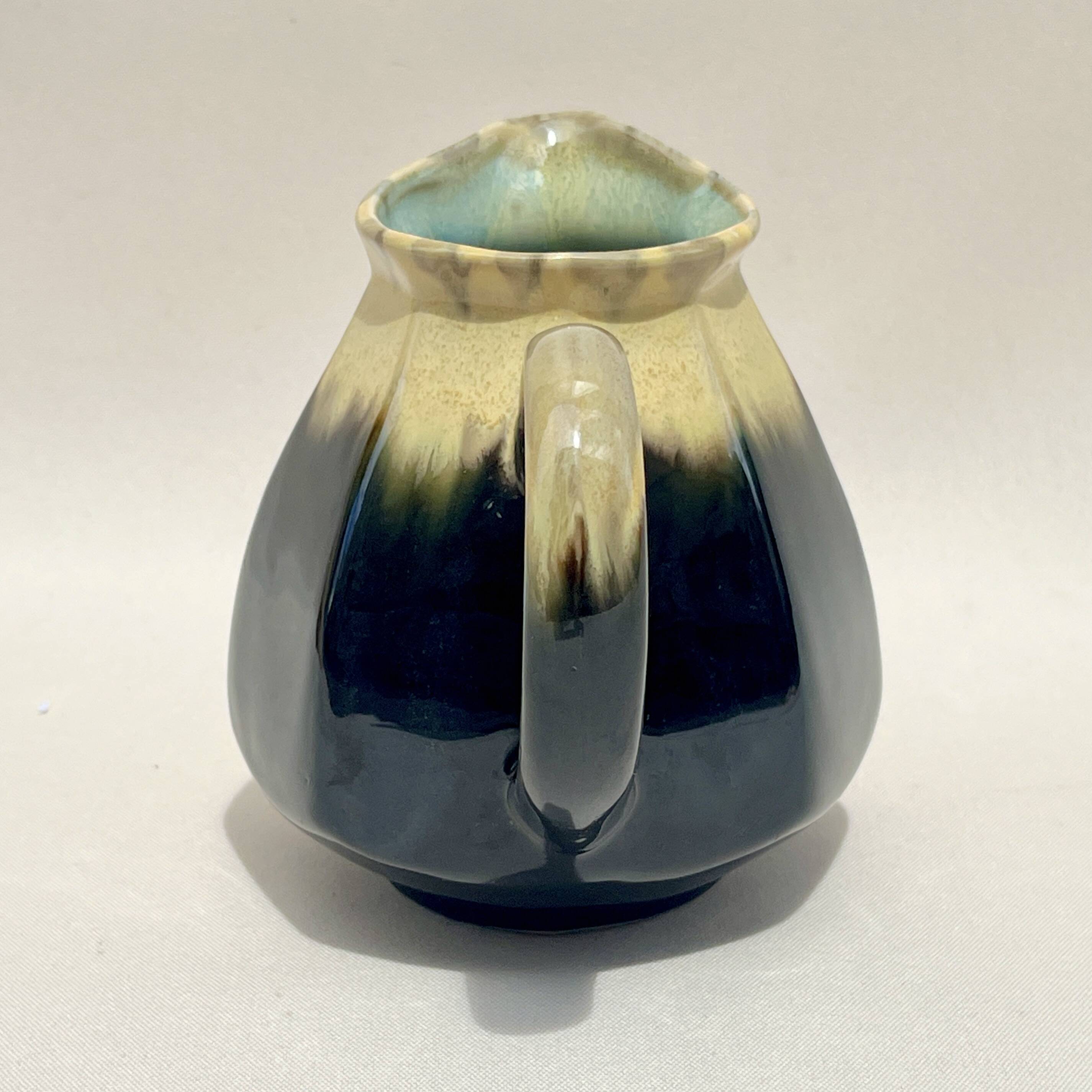 Alpho pitcher in flamed black yellow stoneware vintage 1930 1940 water jug